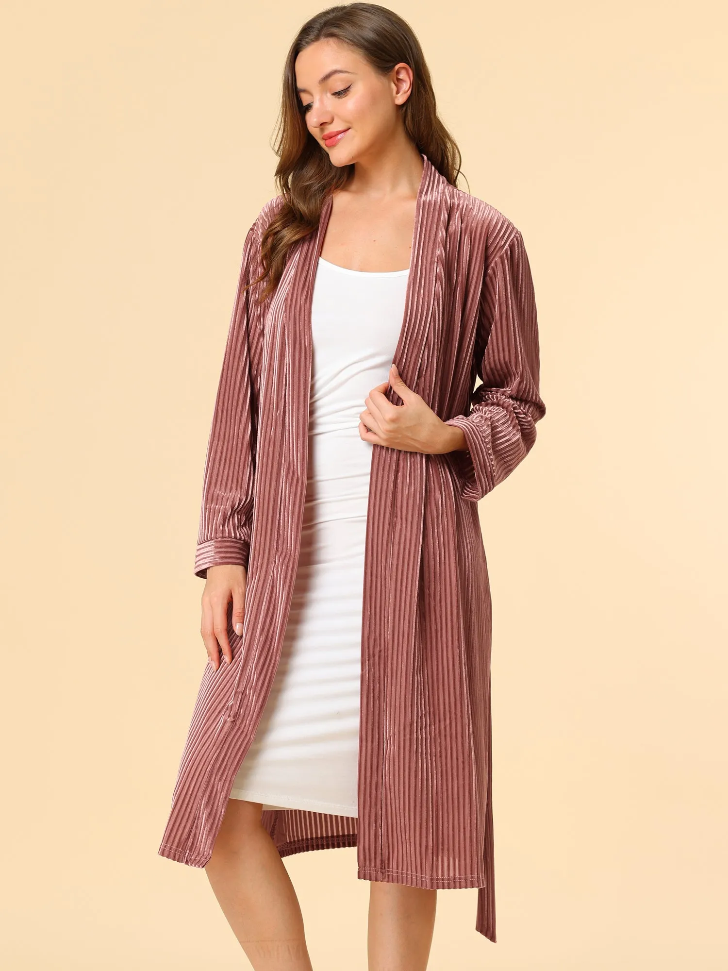 Velvet Bathrobe Soft Lounge Pajamas Sleepwear Tie Waist Flannel Robe sold by Allegra K product image thumbnail 4