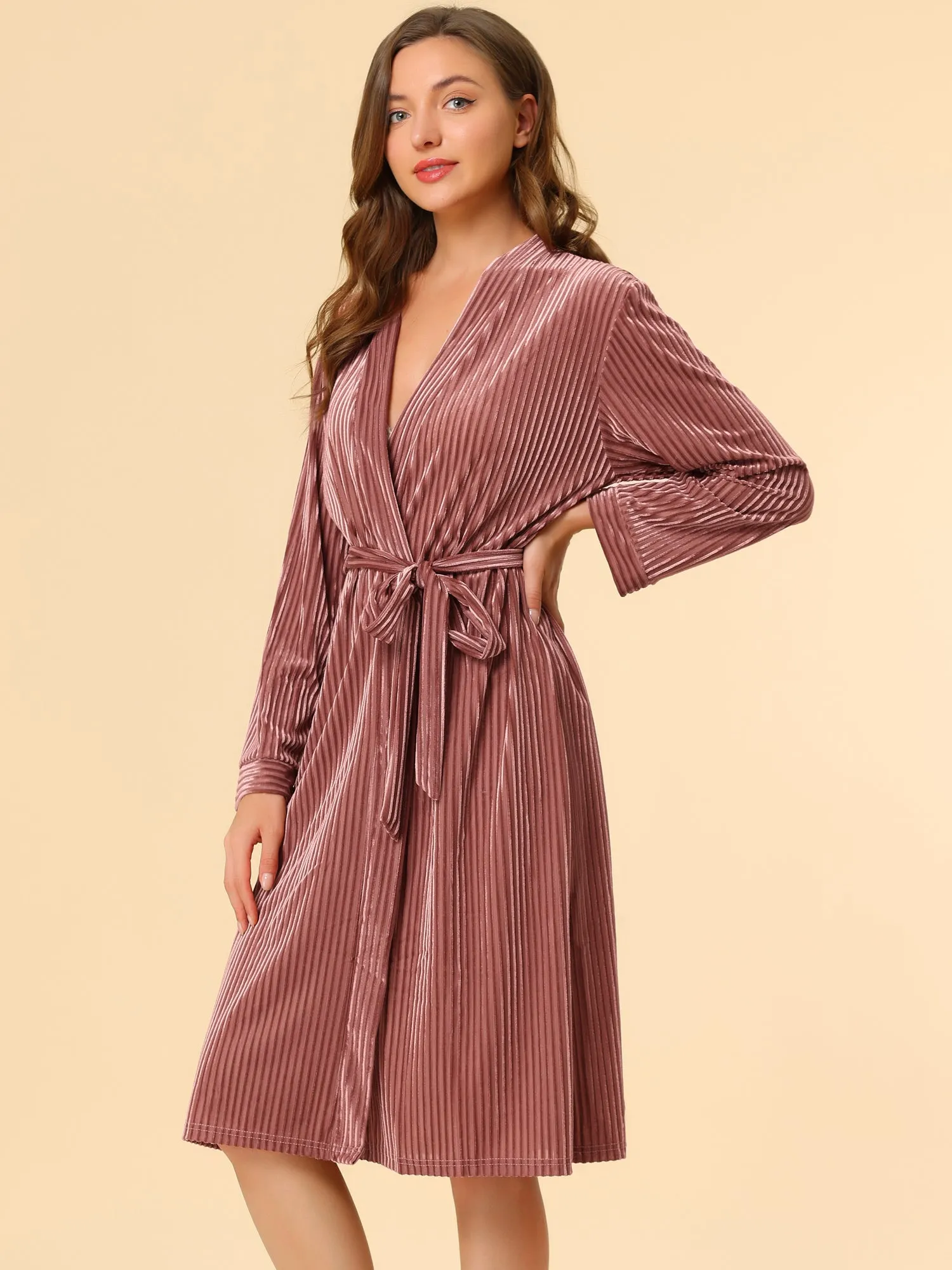 Velvet Bathrobe Soft Lounge Pajamas Sleepwear Tie Waist Flannel Robe sold by Allegra K product image thumbnail 2