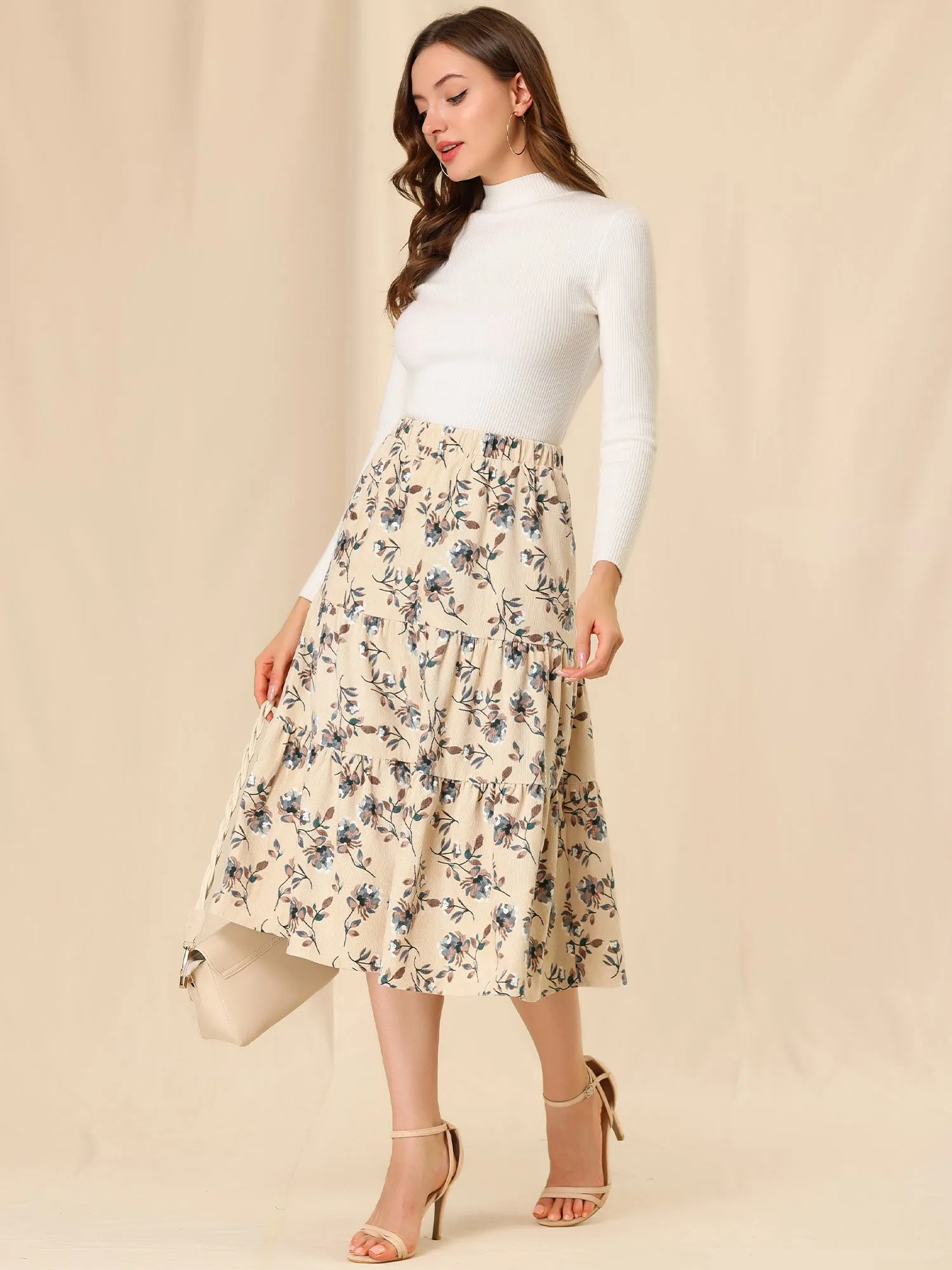 Corduroy Elastic Waist A-Line Pockets Tiered Floral Midi Skirt sold by Allegra K product image thumbnail 2