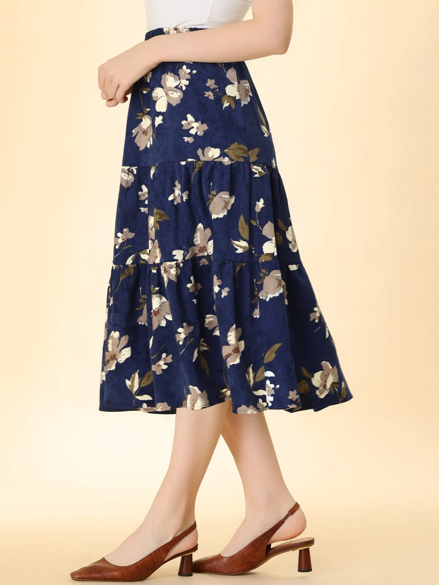 Corduroy Elastic Waist A-Line Pockets Tiered Floral Midi Skirt sold by Allegra K product image thumbnail 5