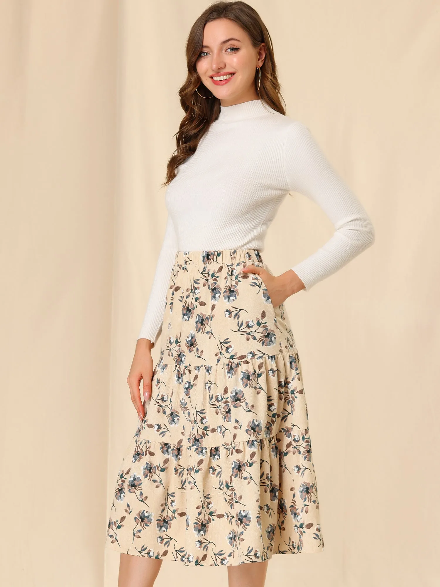 Corduroy Elastic Waist A-Line Pockets Tiered Floral Midi Skirt sold by Allegra K product image thumbnail 4