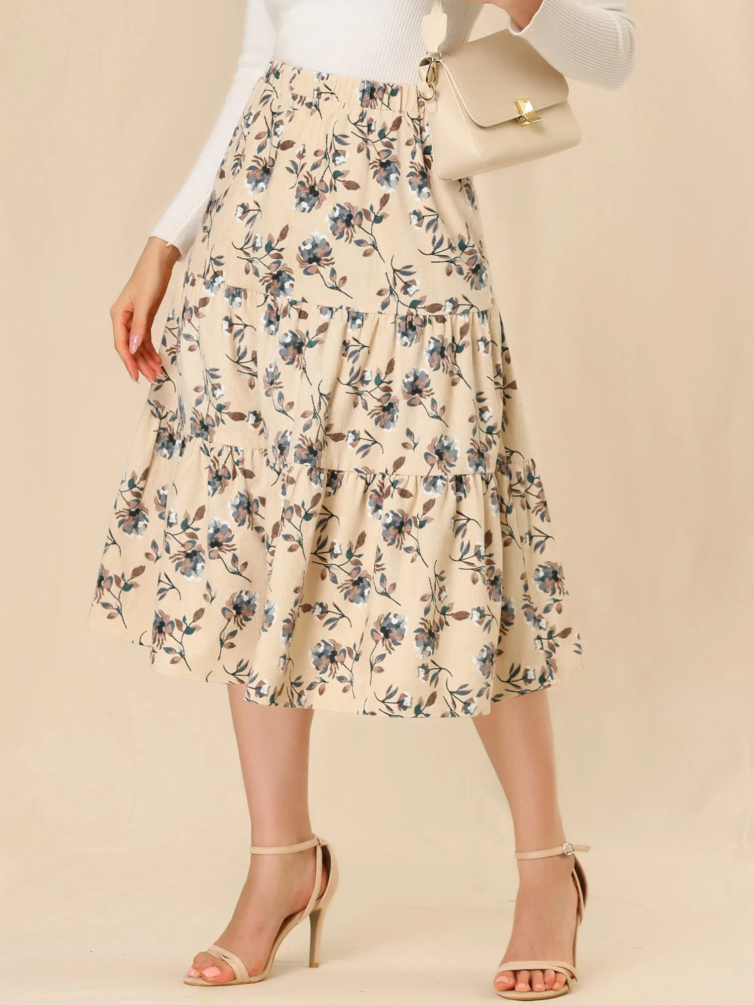 Corduroy Elastic Waist A-Line Pockets Tiered Floral Midi Skirt sold by Allegra K