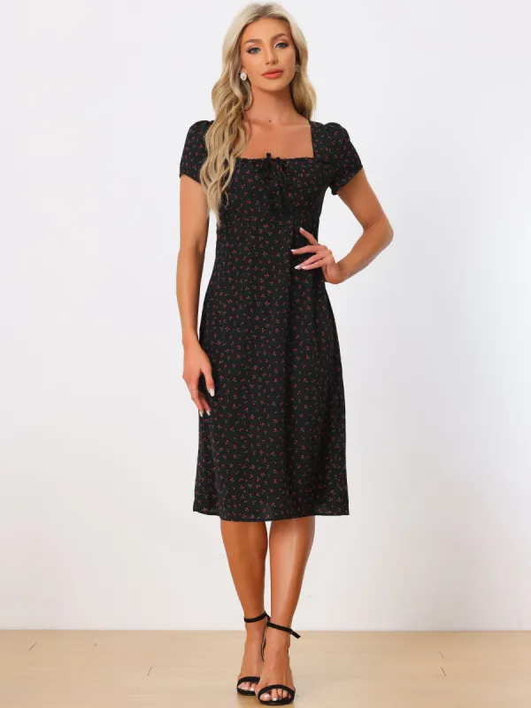 Retro Cherry Print Square Neck Drawstring Midi Dress sold by Allegra K