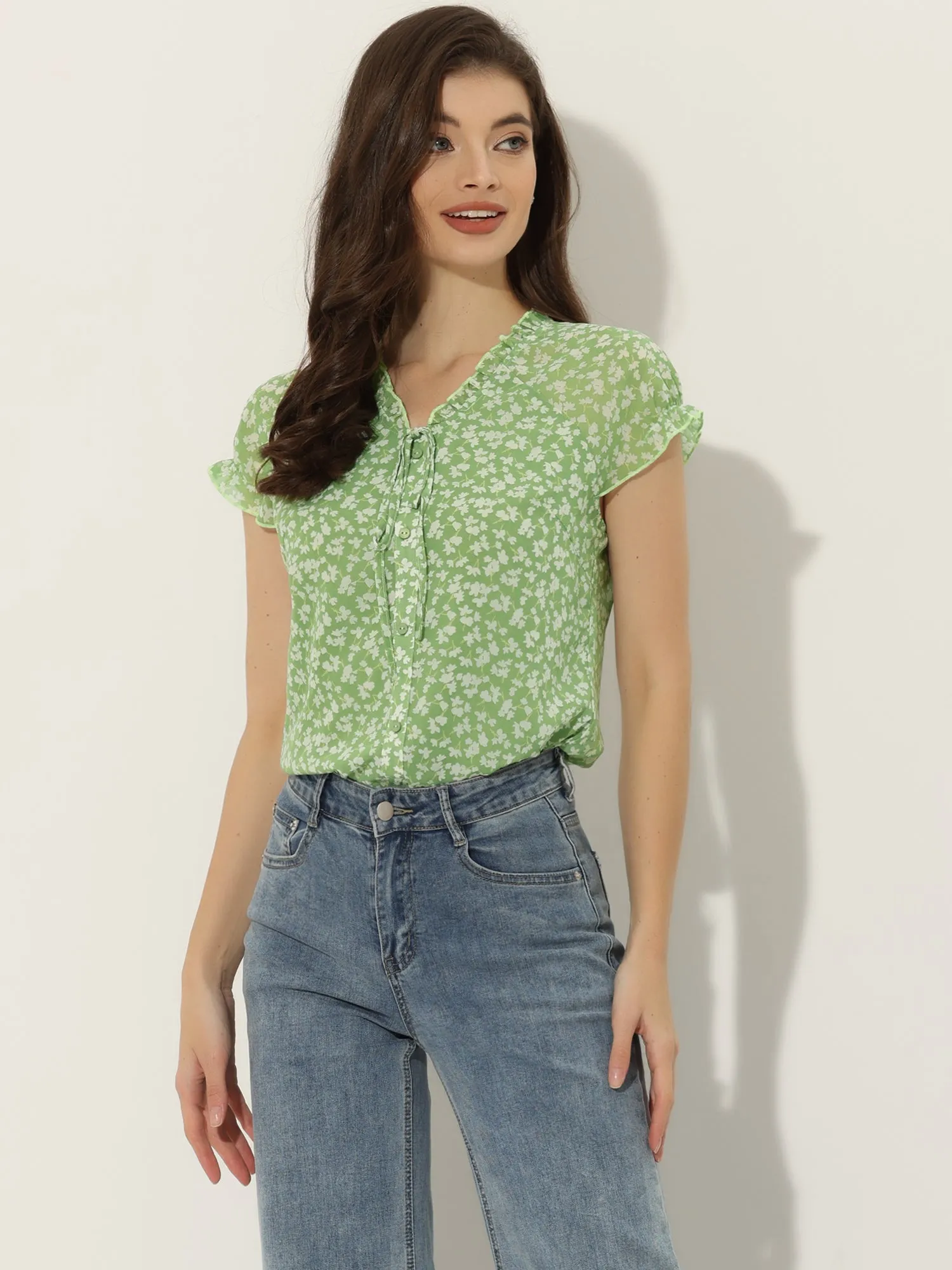 Ditsy Floral Print Chiffon Short Sleeve Ruffle Blouse sold by Allegra K
