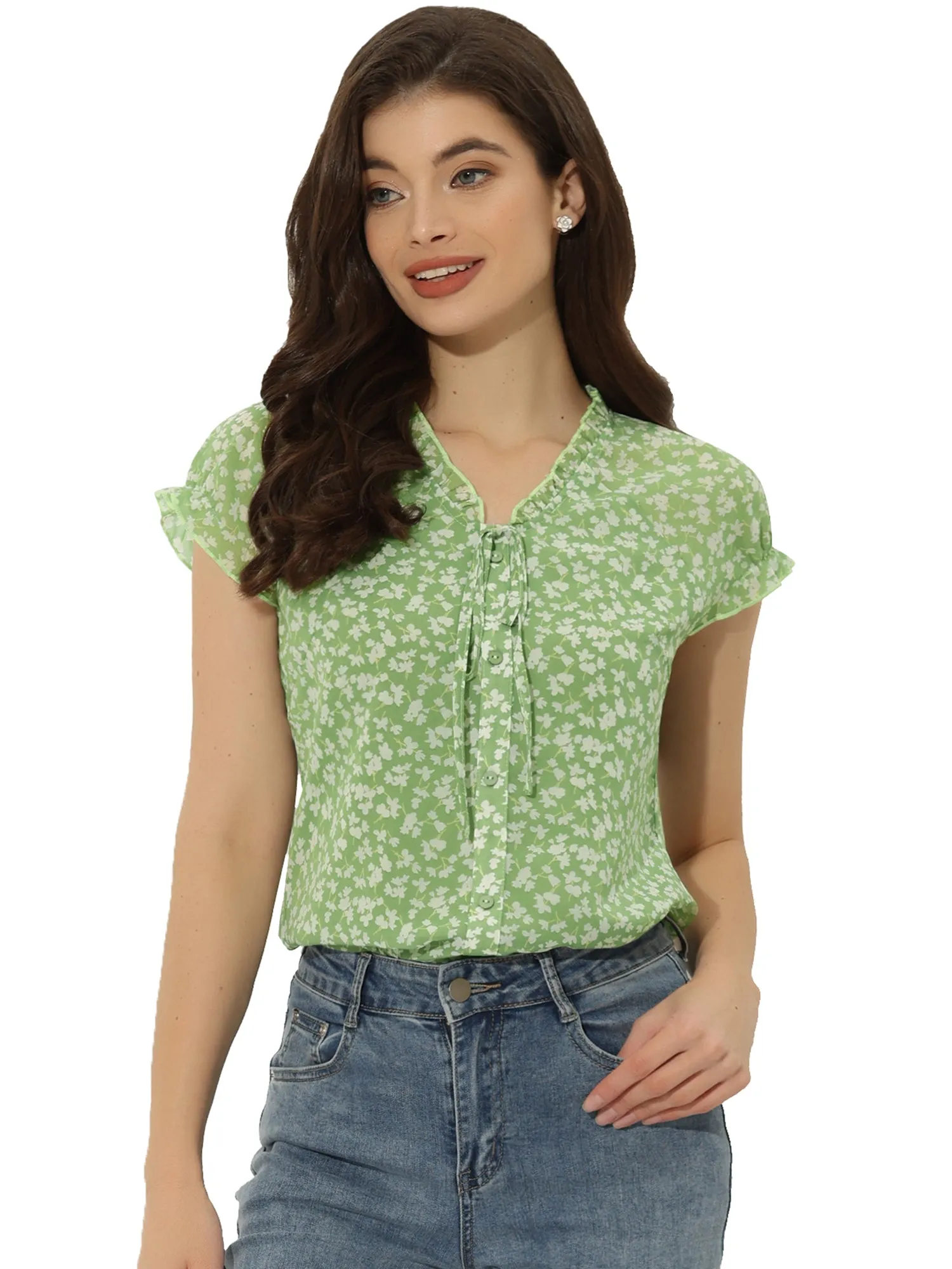 Ditsy Floral Print Chiffon Short Sleeve Ruffle Blouse sold by Allegra K product image thumbnail 4