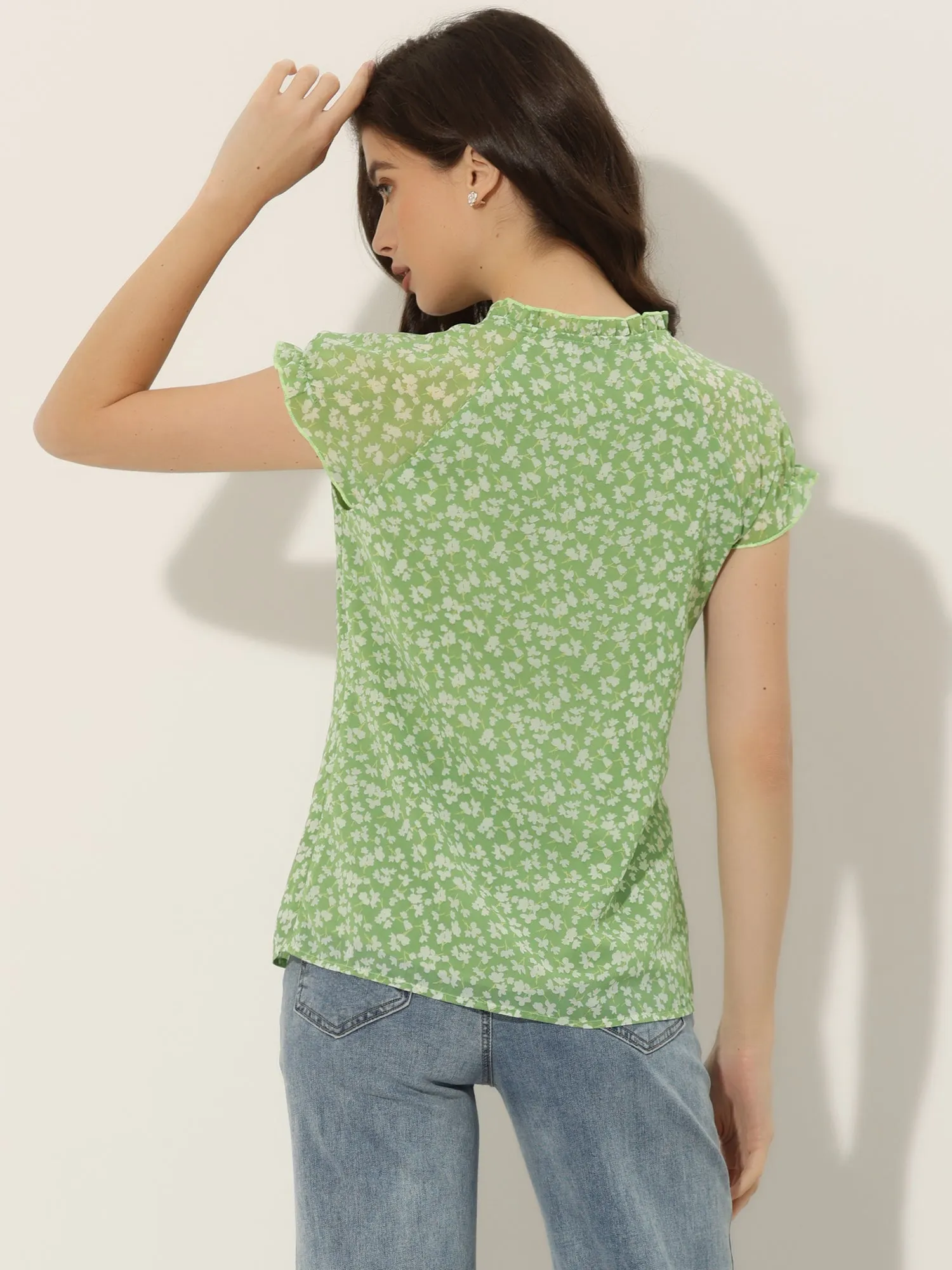 Ditsy Floral Print Chiffon Short Sleeve Ruffle Blouse sold by Allegra K product image thumbnail 3
