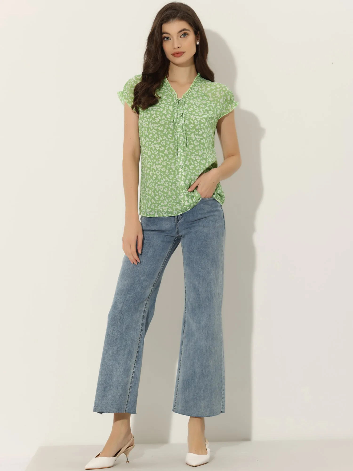 Ditsy Floral Print Chiffon Short Sleeve Ruffle Blouse sold by Allegra K product image thumbnail 2