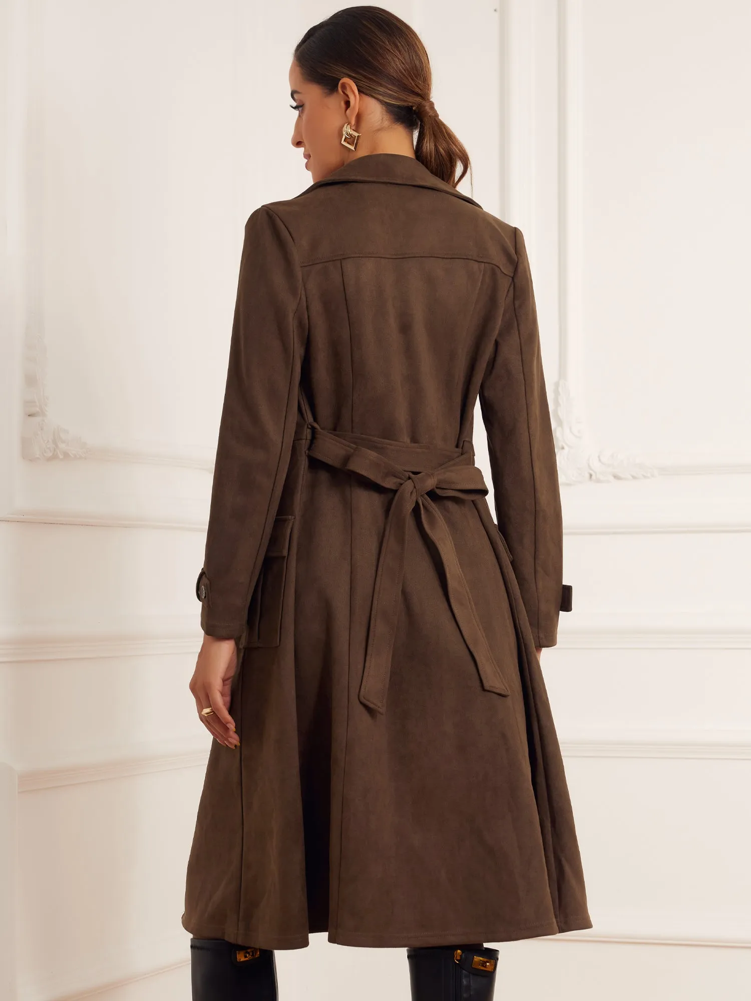 Faux Suede Notched Lapel Double Breasted Belted Long Sleeve Trench Coat sold by Allegra K product image thumbnail 3