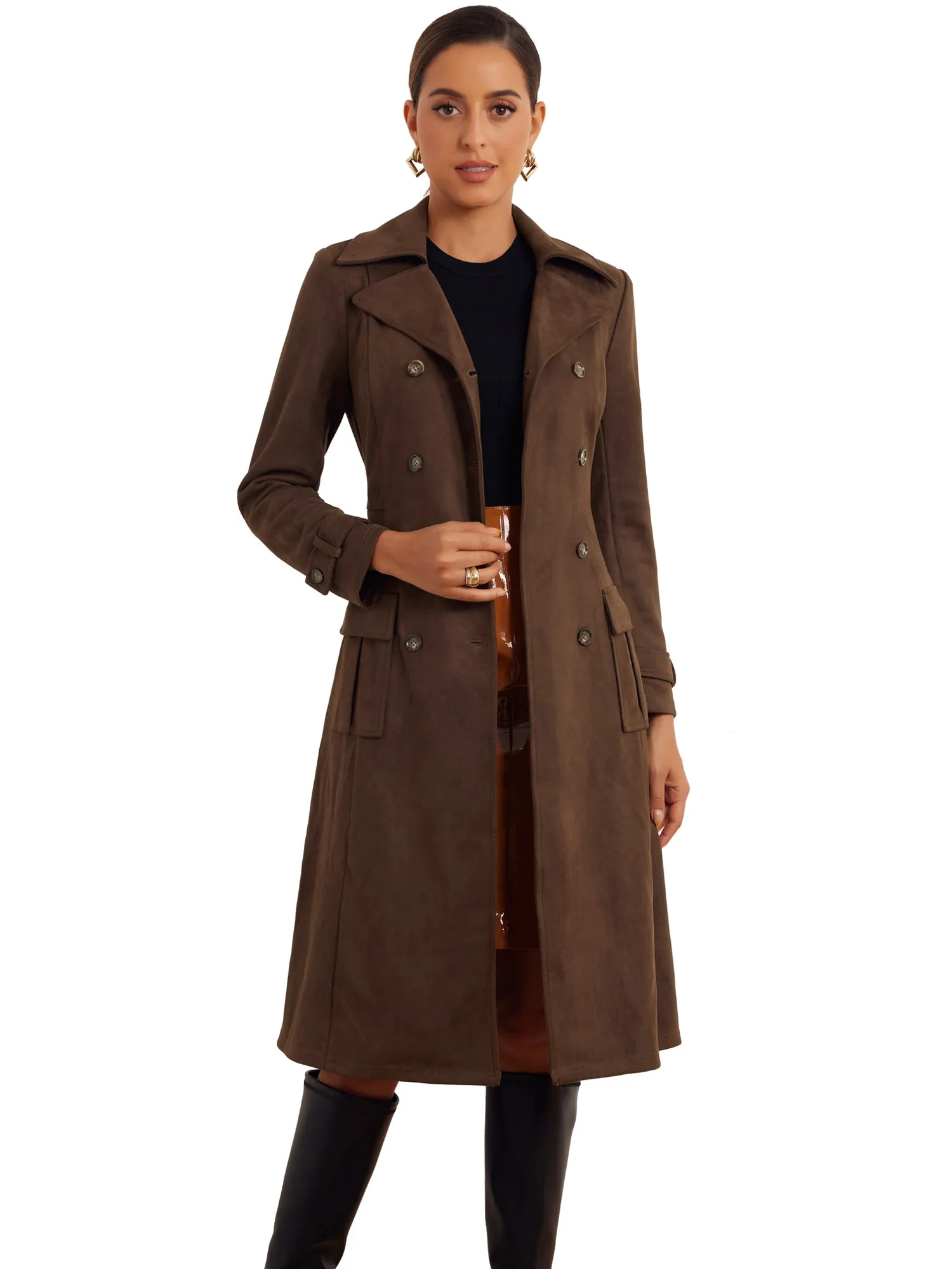 Faux Suede Notched Lapel Double Breasted Belted Long Sleeve Trench Coat sold by Allegra K product image thumbnail 5