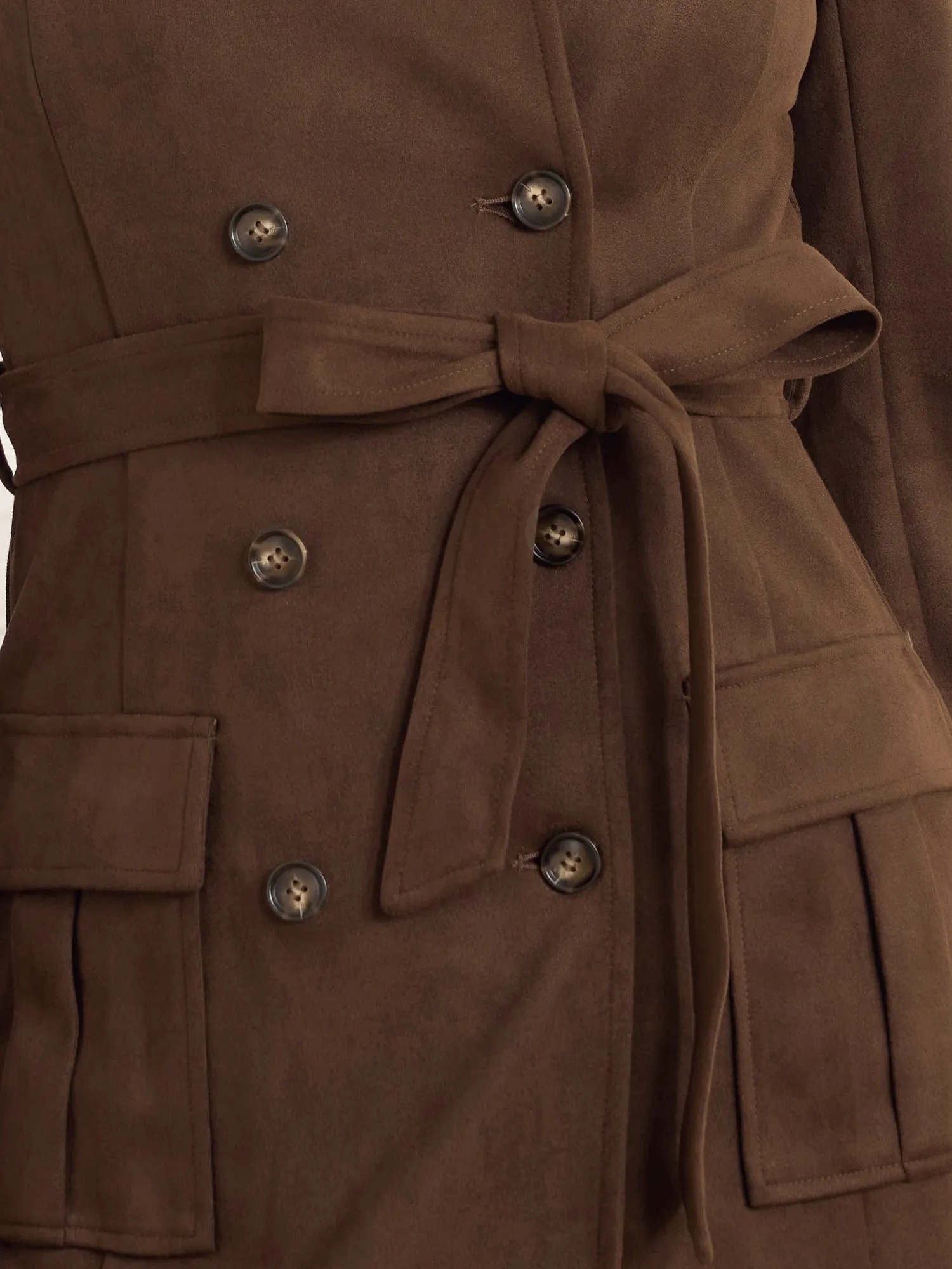 Faux Suede Notched Lapel Double Breasted Belted Long Sleeve Trench Coat sold by Allegra K product image thumbnail 4