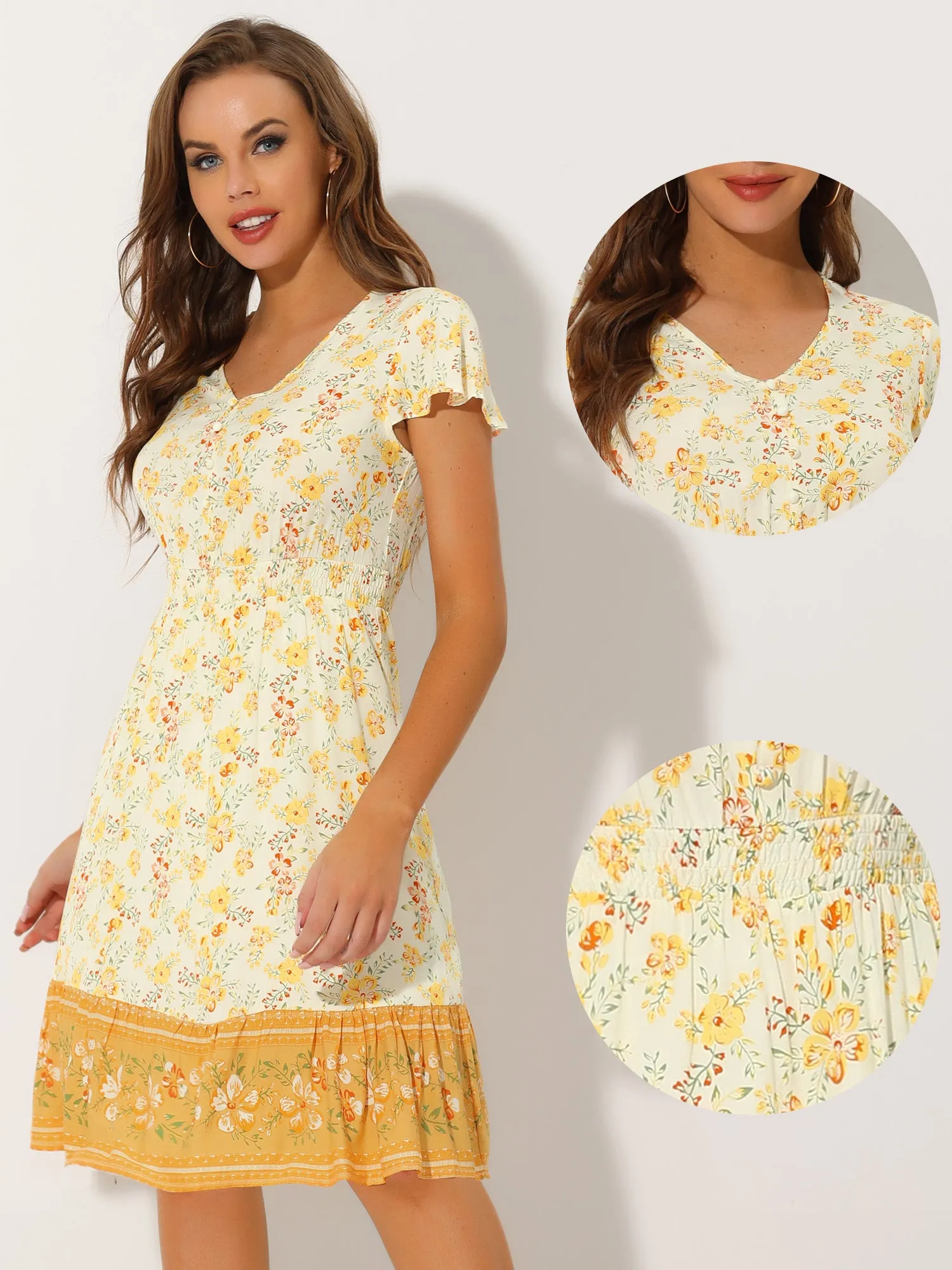 Floral Flutter Sleeve Smocked Waist V Neck Flowy Bohemian Dress sold by Allegra K product image thumbnail 2