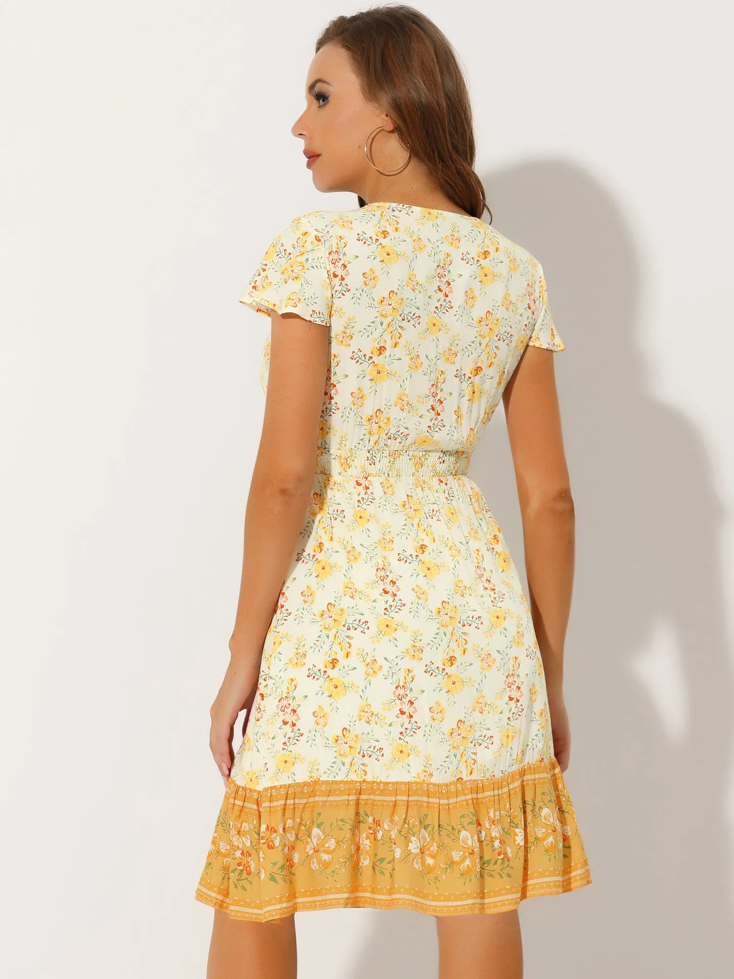 Floral Flutter Sleeve Smocked Waist V Neck Flowy Bohemian Dress sold by Allegra K product image thumbnail 3