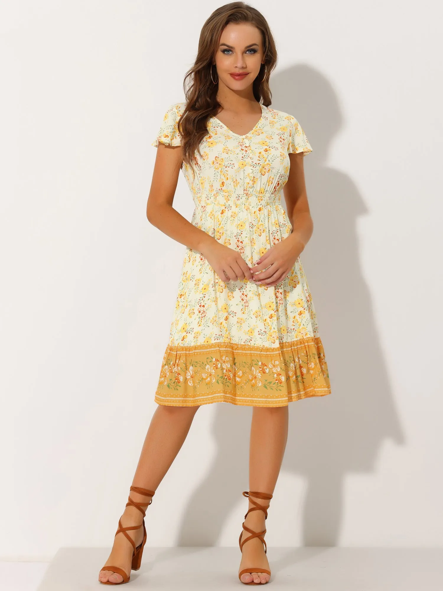 Floral Flutter Sleeve Smocked Waist V Neck Flowy Bohemian Dress sold by Allegra K