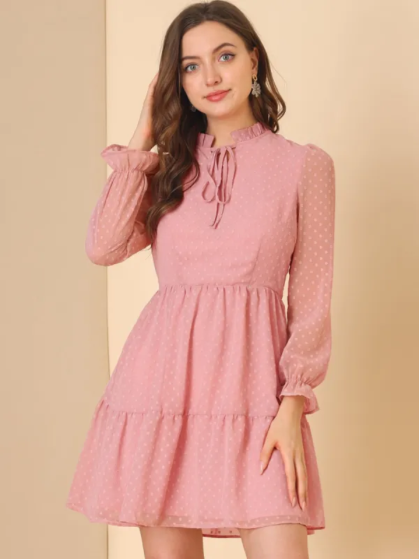 Ruffle Tie Neck Swing Tiered Babydoll Swiss Dots Dress sold by Allegra K