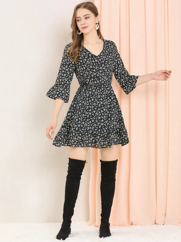 Ruffle Sleeve V Neck Elastic Waist A-Line Floral Mini Dress sold by Allegra K