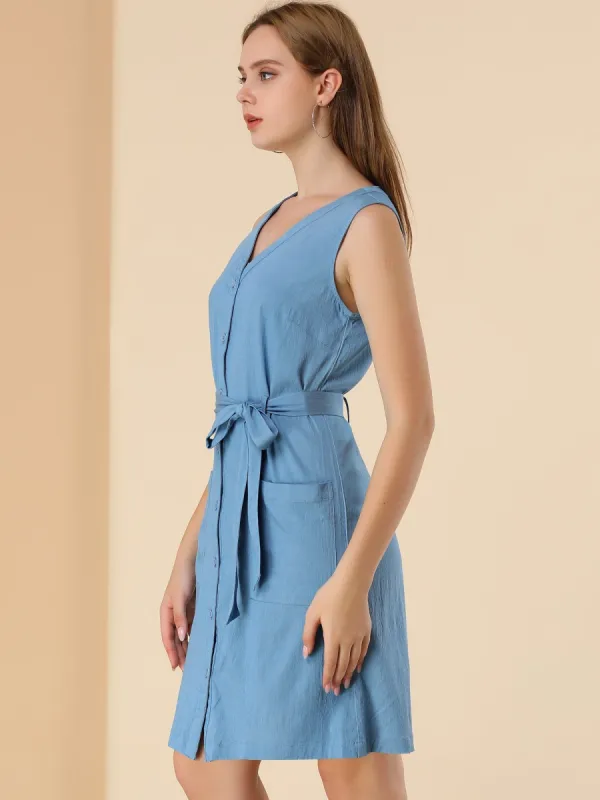 Sleeveless V Neck Patch Pocket Chambray Tie Waist Button Up Dress sold by Allegra K