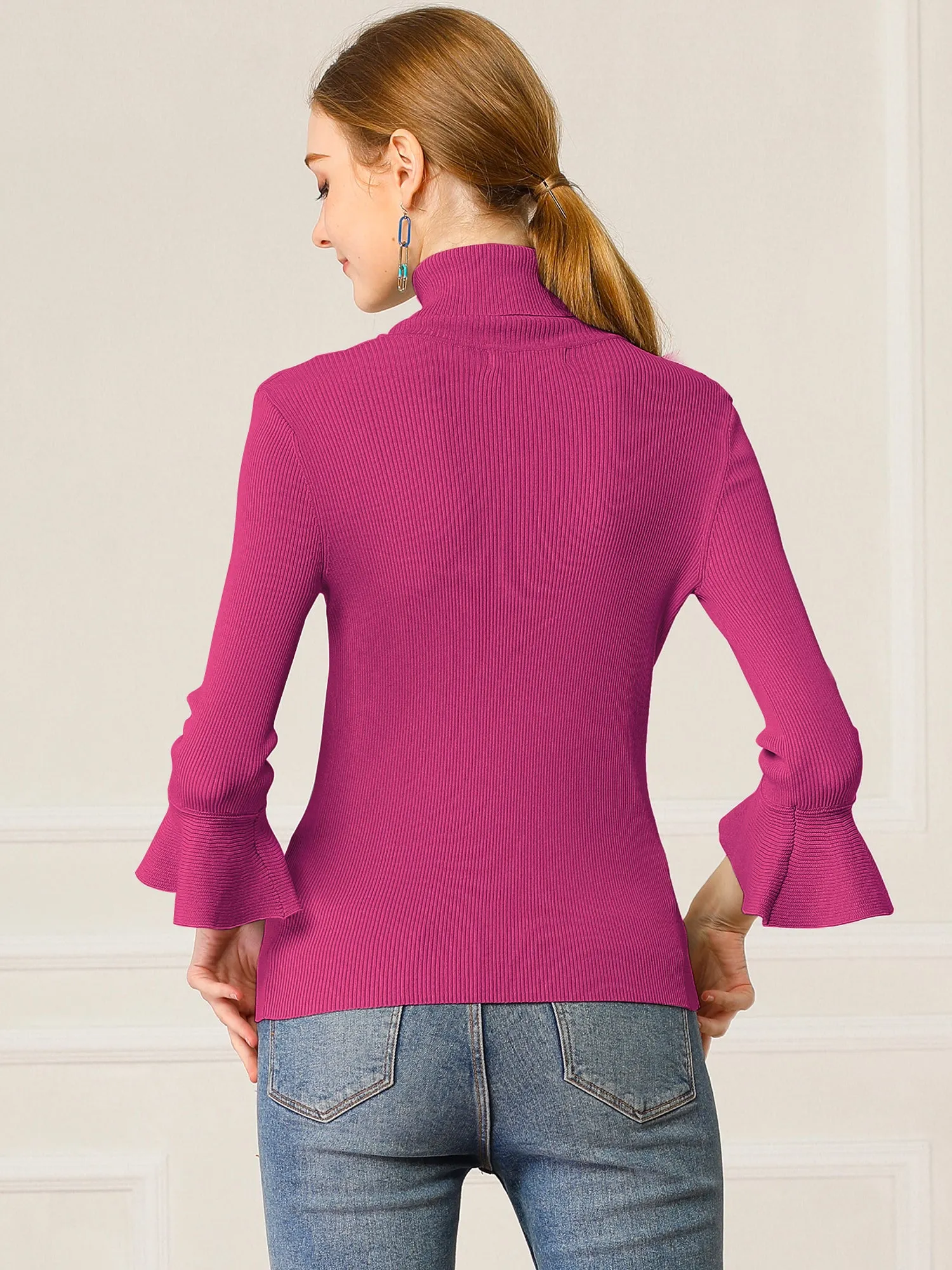 Ruffled 3/4 Sleeve Turtleneck Knitted Pullover Sweater sold by Allegra K product image thumbnail 5