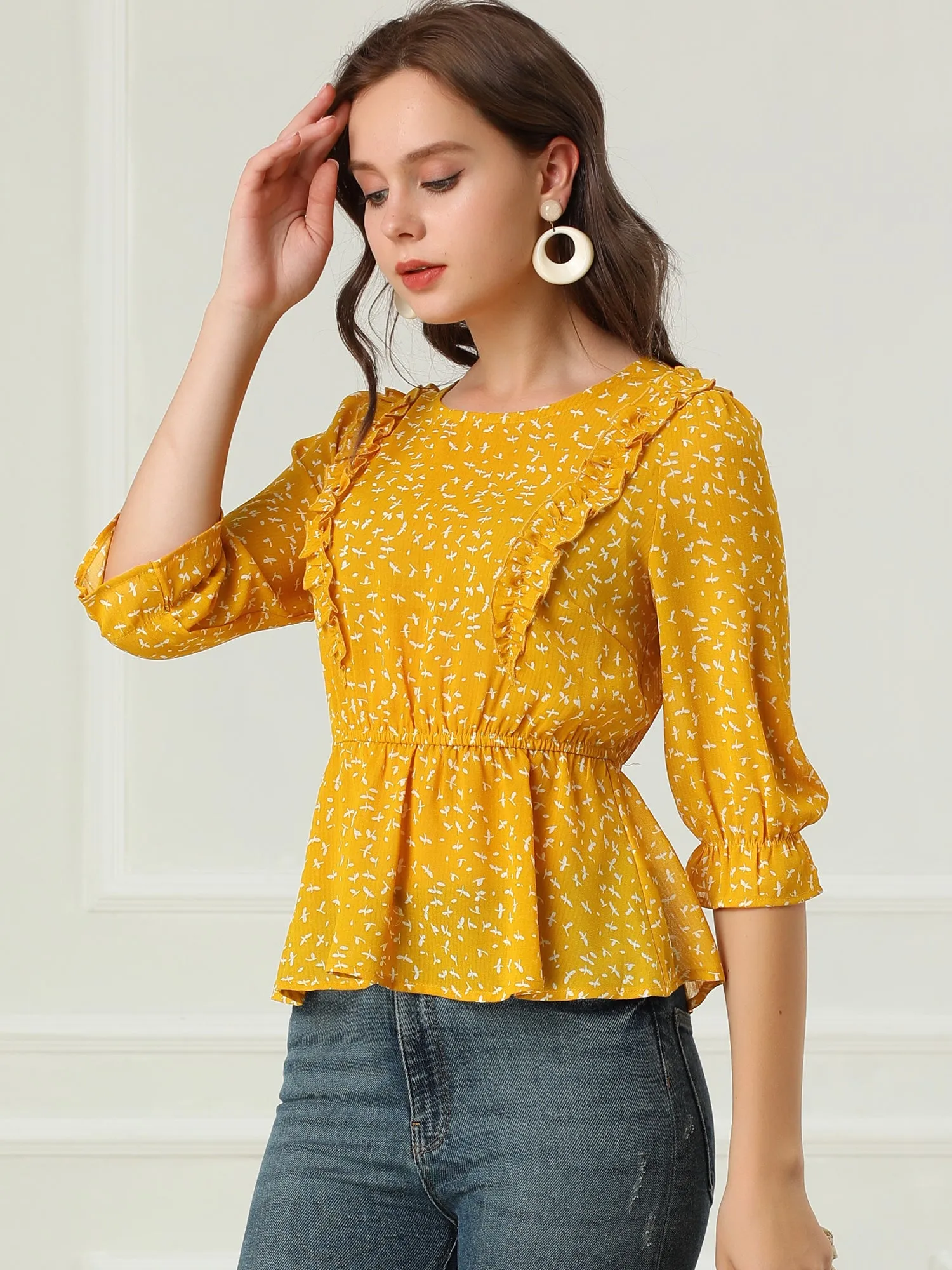 Elegant Peplum Tops 3/4 Sleeve Floral Printed Chiffon Blouse sold by Allegra K product image thumbnail 2