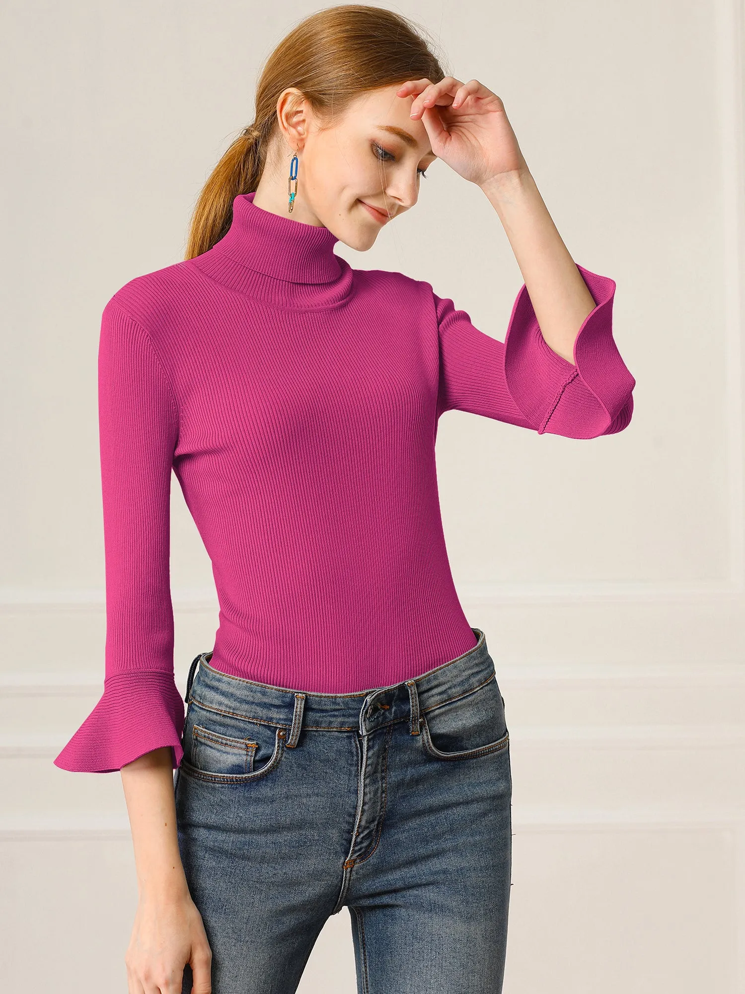 Ruffled 3/4 Sleeve Turtleneck Knitted Pullover Sweater sold by Allegra K product image thumbnail 4