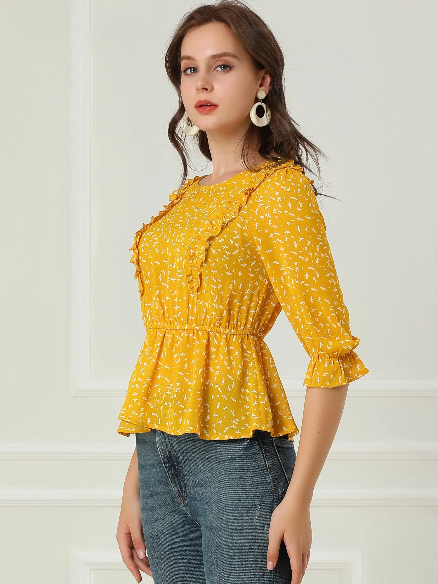 Elegant Peplum Tops 3/4 Sleeve Floral Printed Chiffon Blouse sold by Allegra K product image thumbnail 4