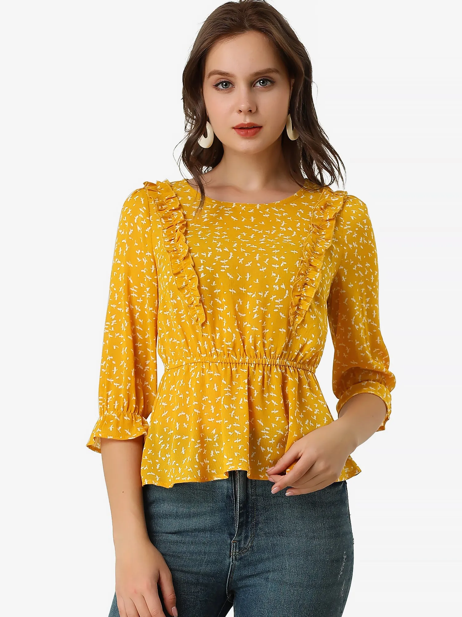 Elegant Peplum Tops 3/4 Sleeve Floral Printed Chiffon Blouse sold by Allegra K