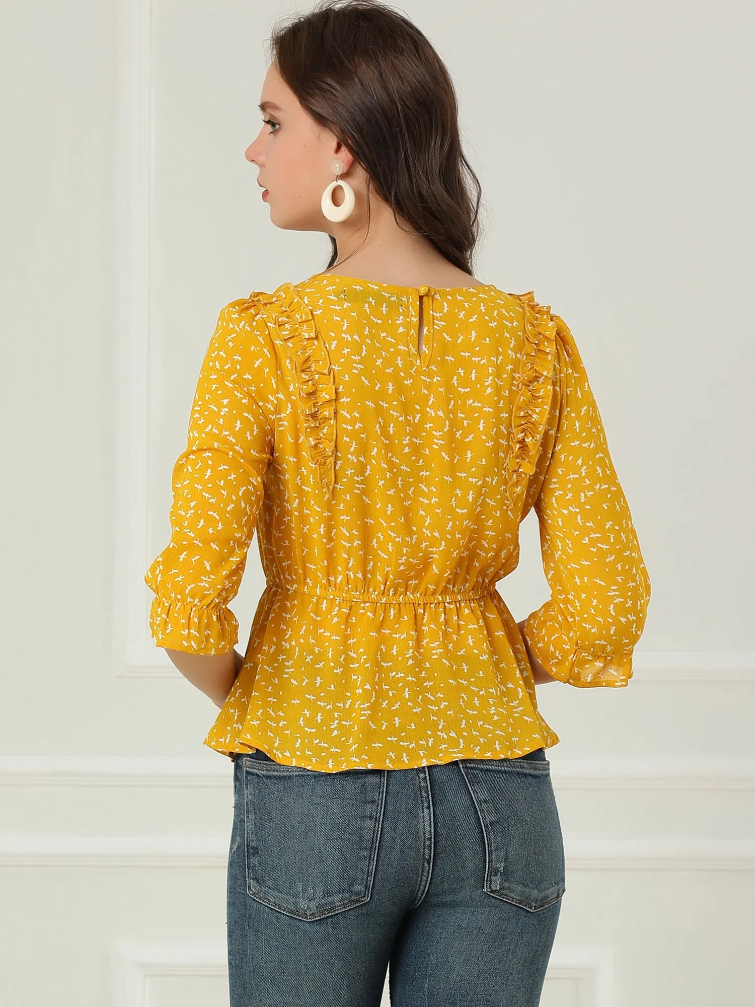 Elegant Peplum Tops 3/4 Sleeve Floral Printed Chiffon Blouse sold by Allegra K product image thumbnail 5