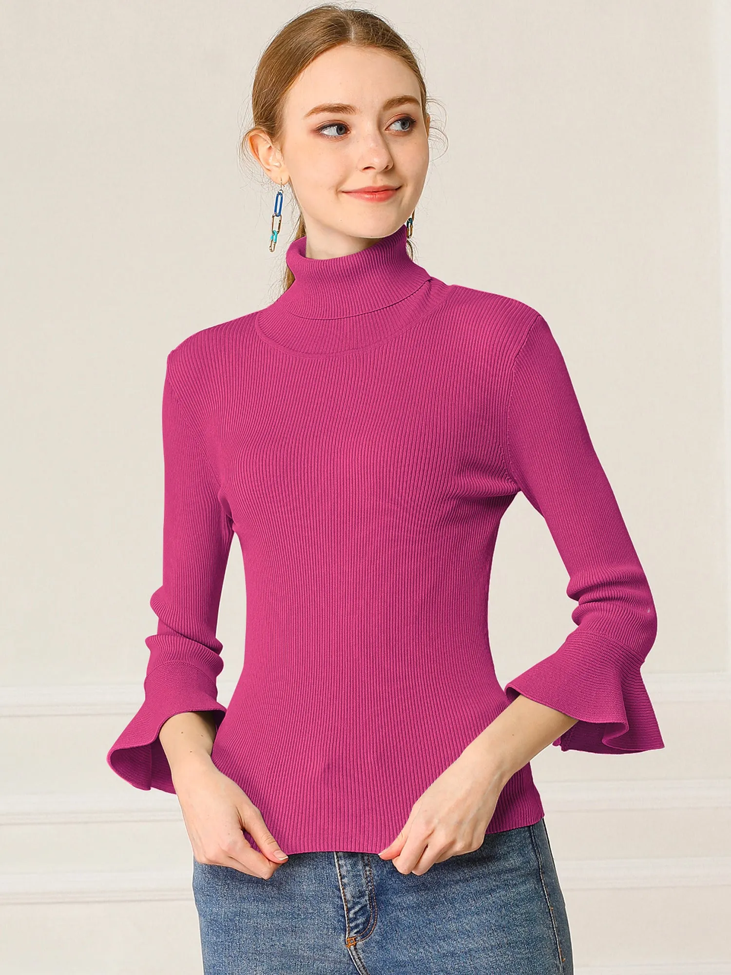 Ruffled 3/4 Sleeve Turtleneck Knitted Pullover Sweater sold by Allegra K product image thumbnail 2