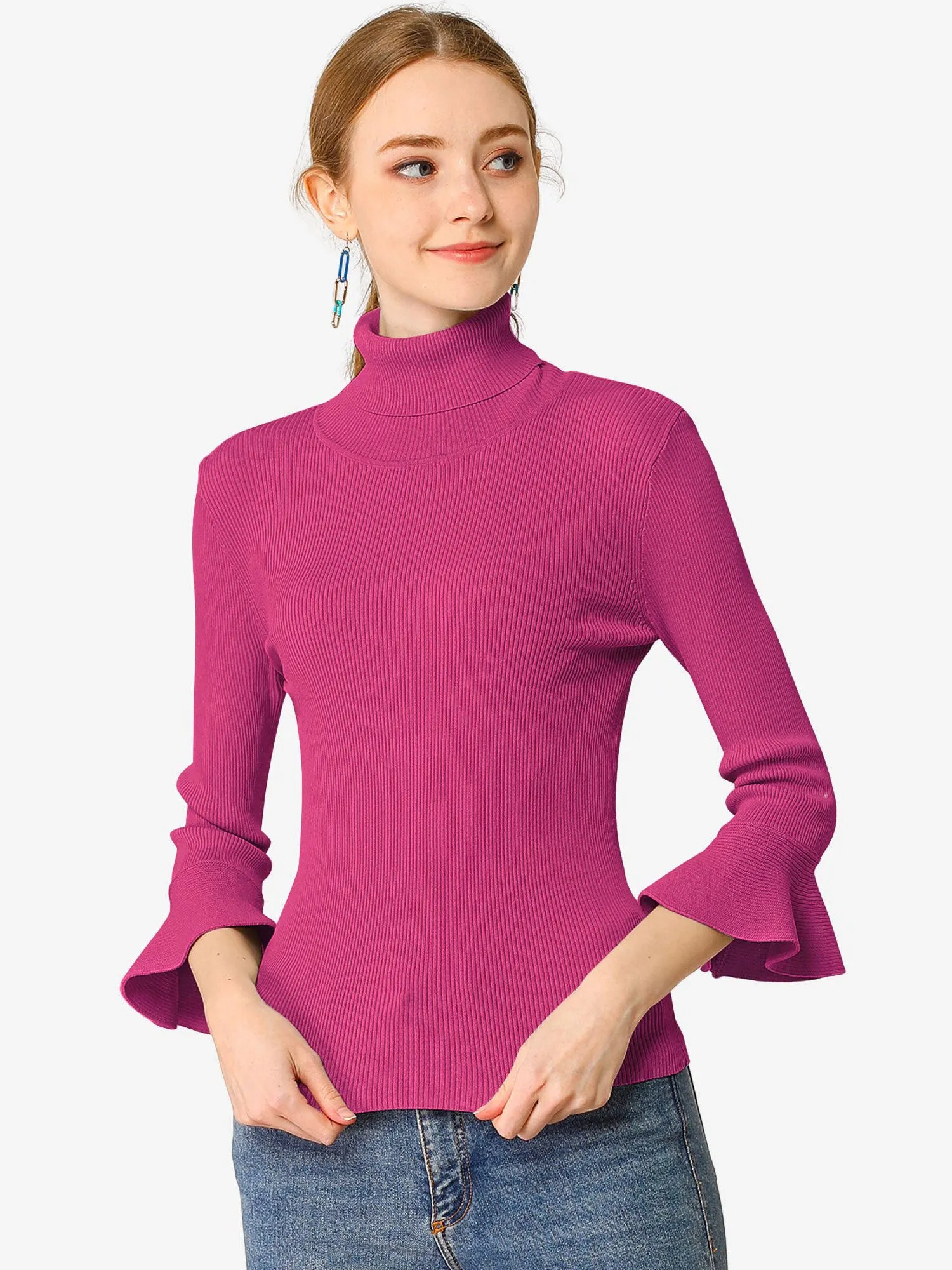 Ruffled 3/4 Sleeve Turtleneck Knitted Pullover Sweater sold by Allegra K