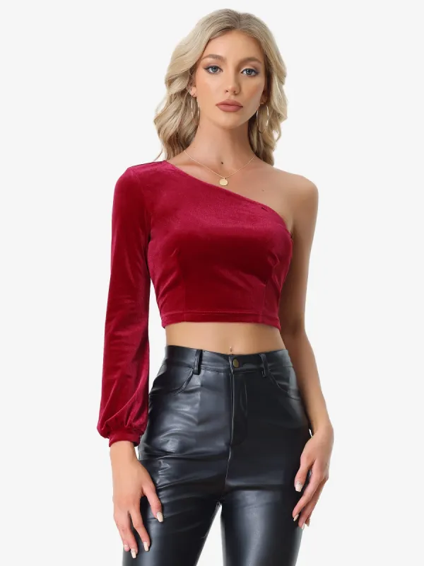 Velvet One Shoulder Long Sleeve Solid Color Crop Top sold by Allegra K