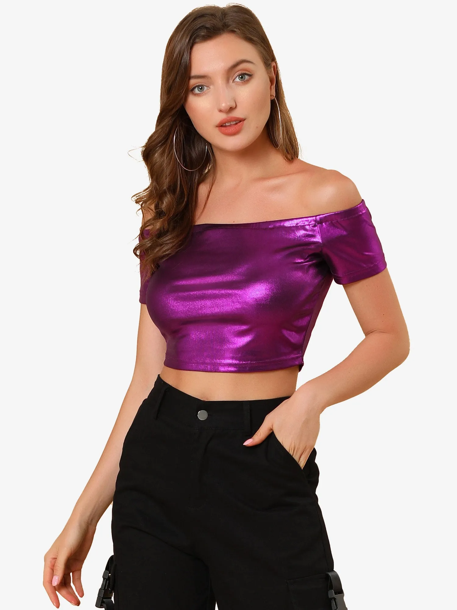 Halloween Off Shoulder Party Club Slim Fit Shiny Metallic Crop Top sold by Allegra K