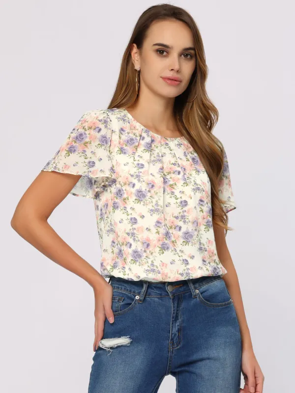 Summer Casual Chiffon Floral Bell Short Sleeve Peasant Blouse sold by Allegra K