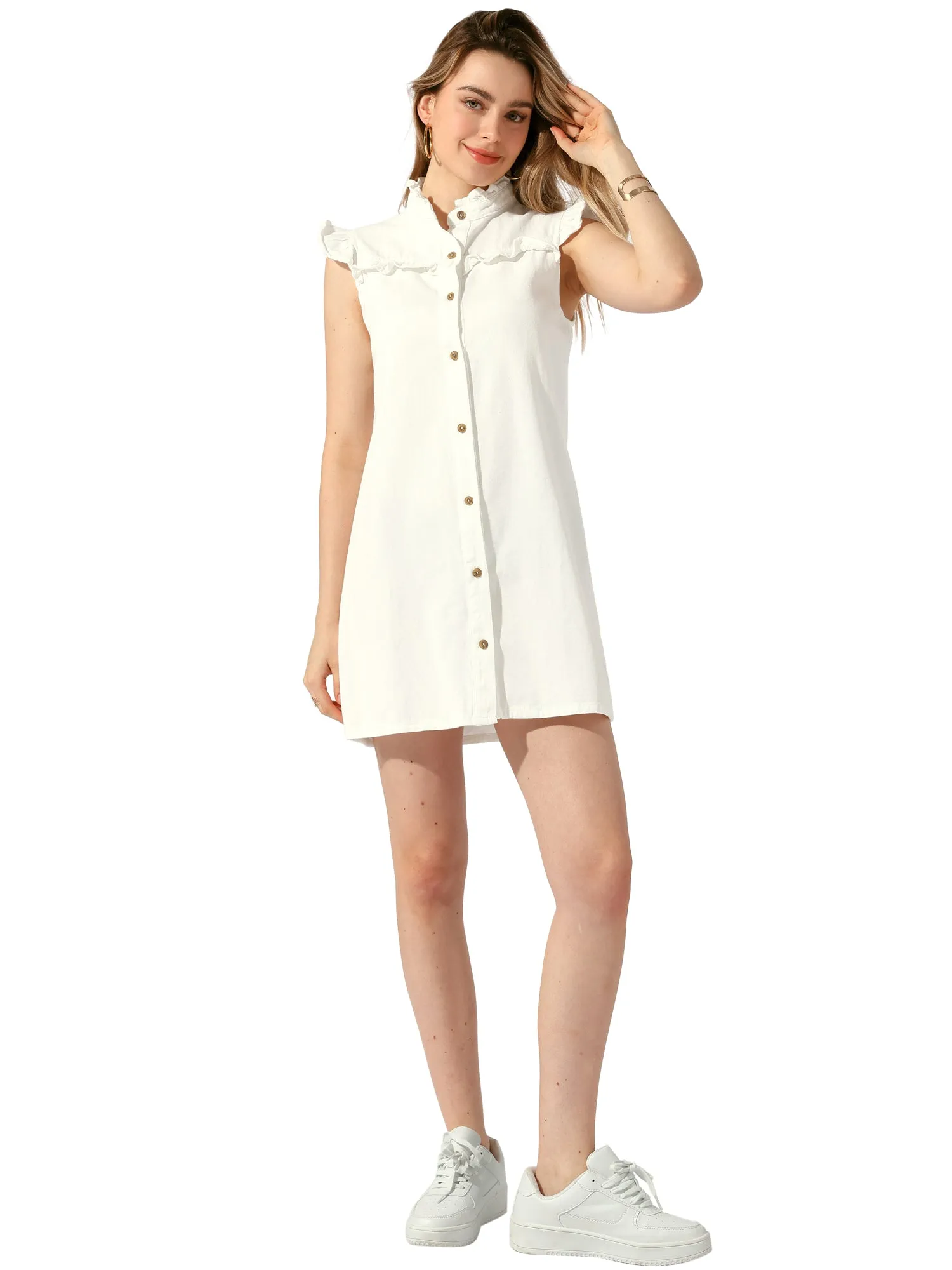 Denim Button Down Ruffle Sleeveless Summer Mini Jean Dress sold by Allegra K product image thumbnail 4