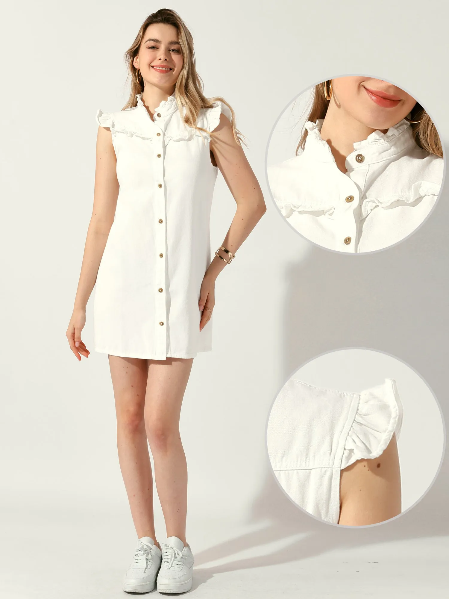 Denim Button Down Ruffle Sleeveless Summer Mini Jean Dress sold by Allegra K product image thumbnail 2