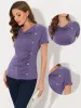 Cowl Neck Short Sleeve Casual Basic Solid Knitted Buttons Decor Ruched Top sold by Allegra K