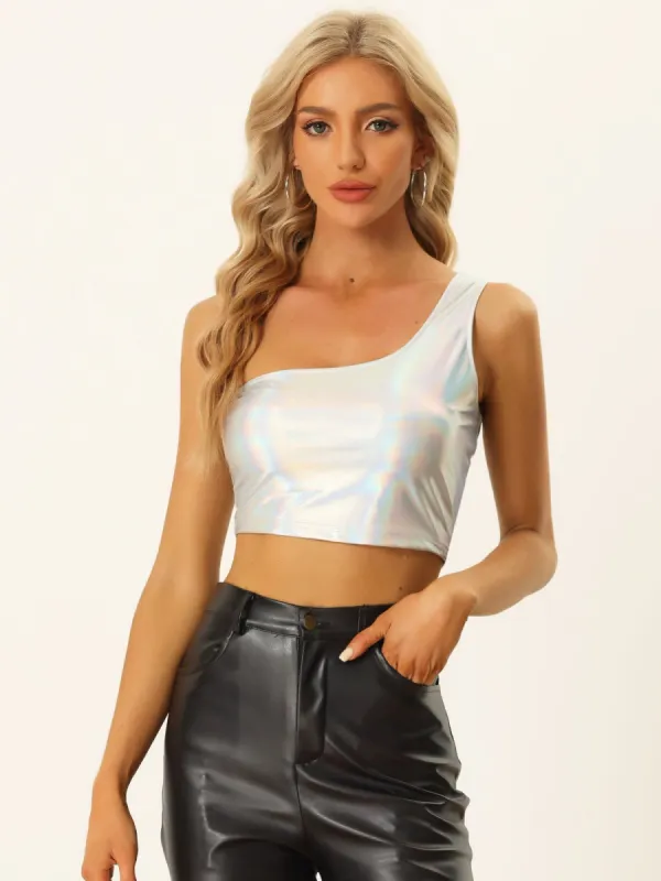 Metallic Cropped Top One Shoulder Party Blouse sold by Allegra K