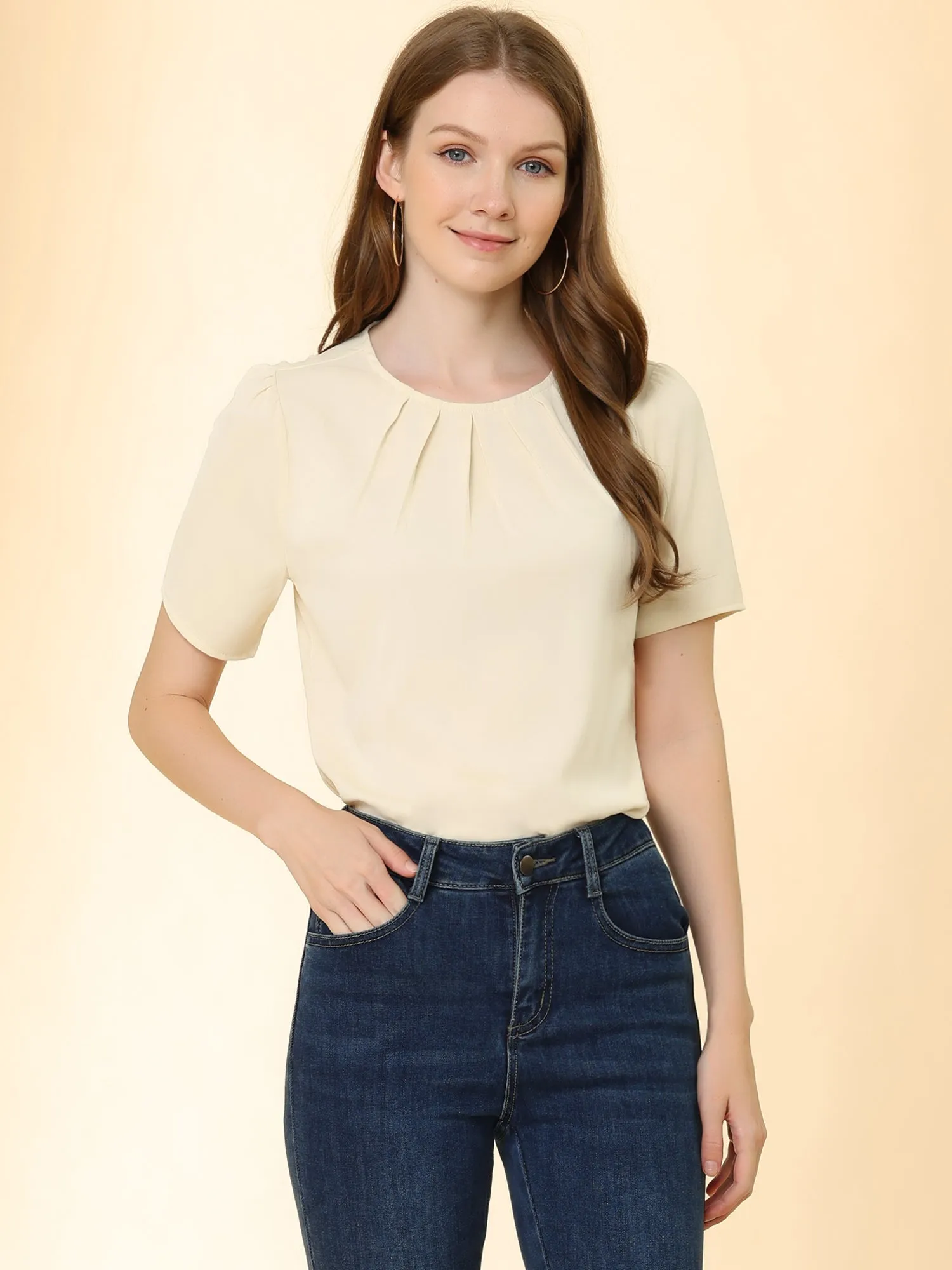 Work Office Short Sleeve Casual Pleated Scoop Neck Blouse Tops sold by Allegra K product image thumbnail 3