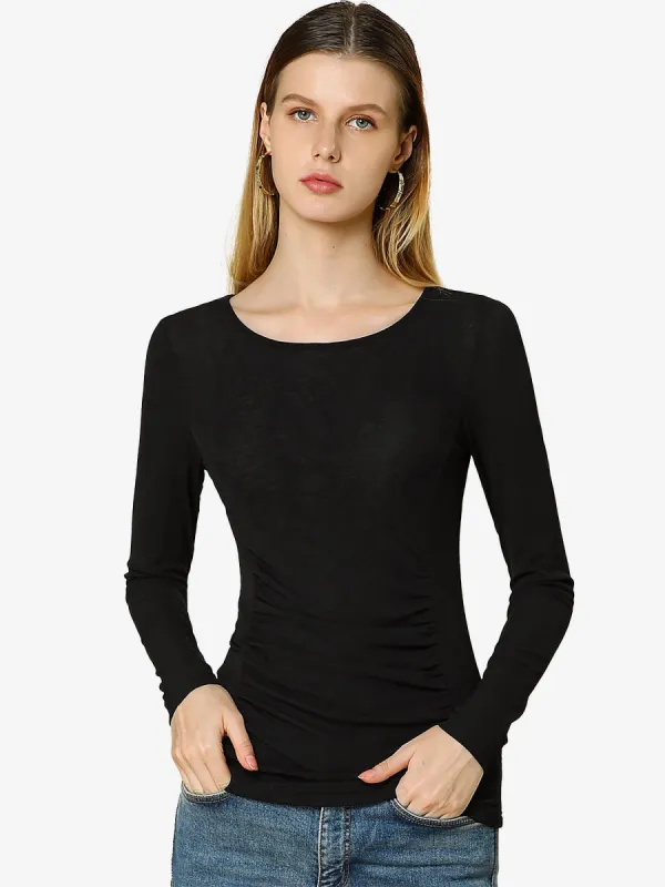Round Neck Long Sleeve Solid Fitted Ruched Top sold by Allegra K