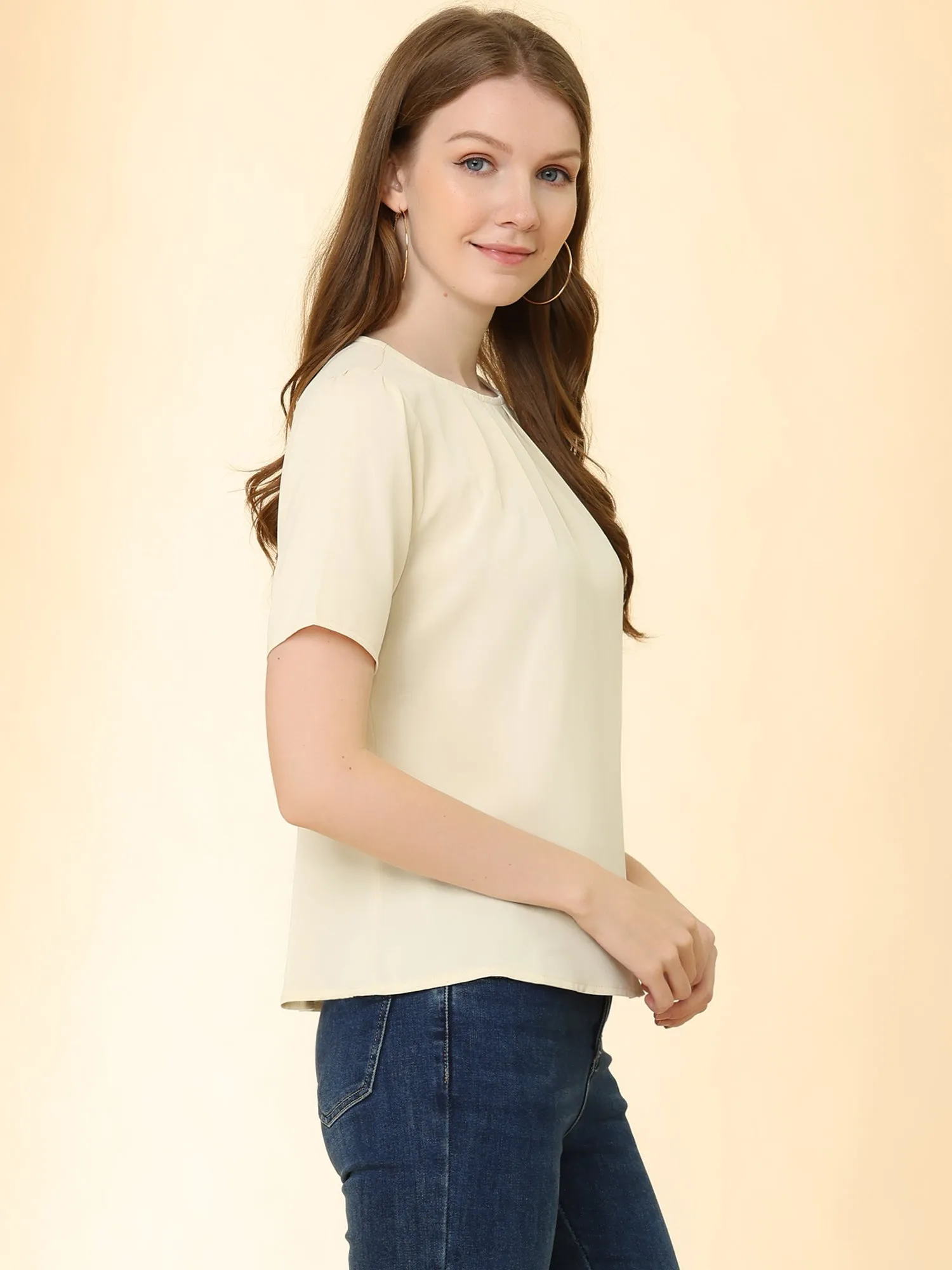 Work Office Short Sleeve Casual Pleated Scoop Neck Blouse Tops sold by Allegra K product image thumbnail 4
