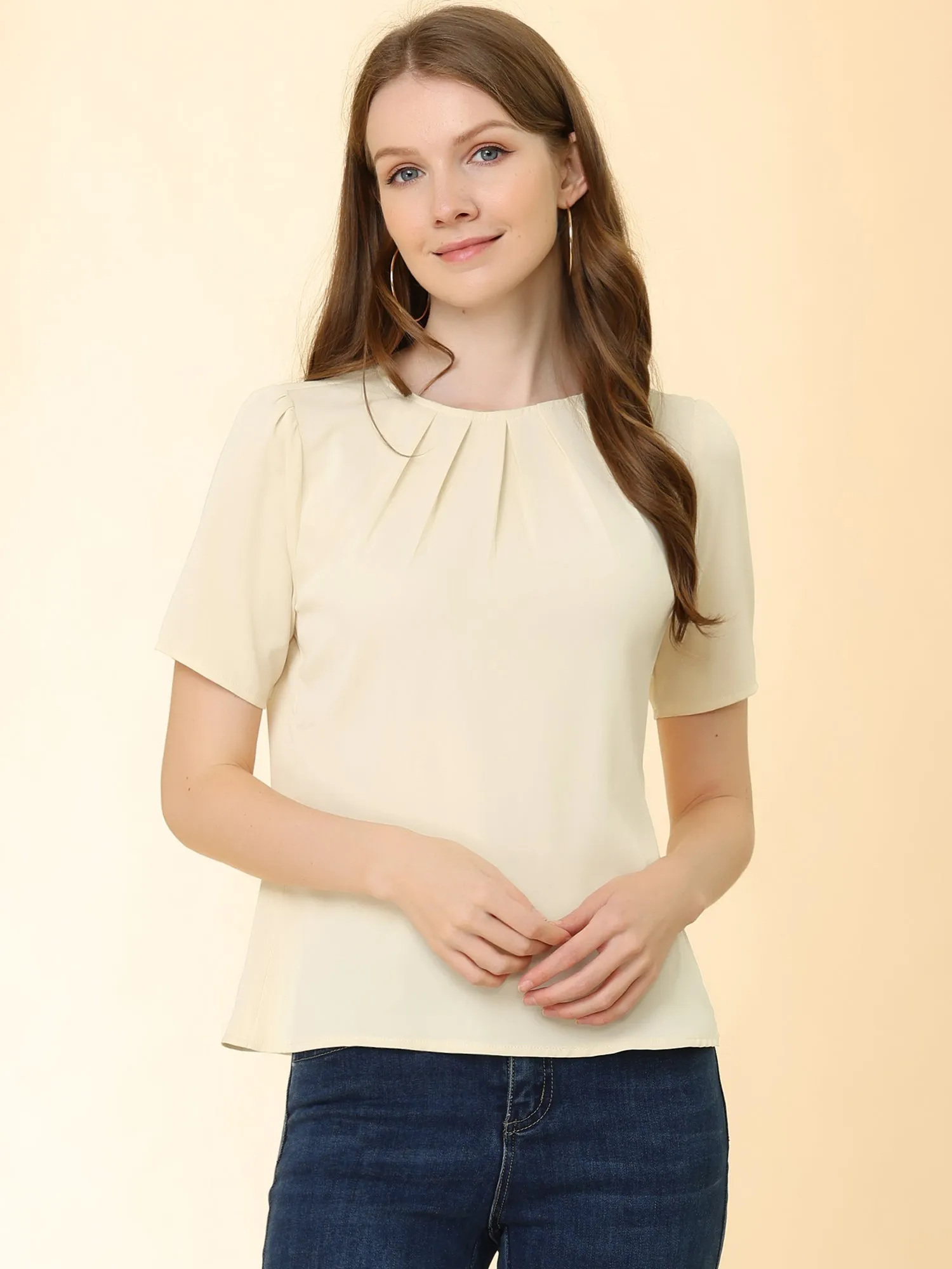 Work Office Short Sleeve Casual Pleated Scoop Neck Blouse Tops sold by Allegra K product image thumbnail 2