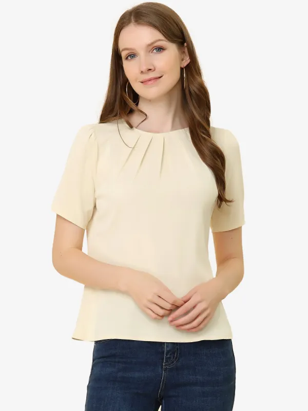 Work Office Short Sleeve Casual Pleated Scoop Neck Blouse Tops sold by Allegra K