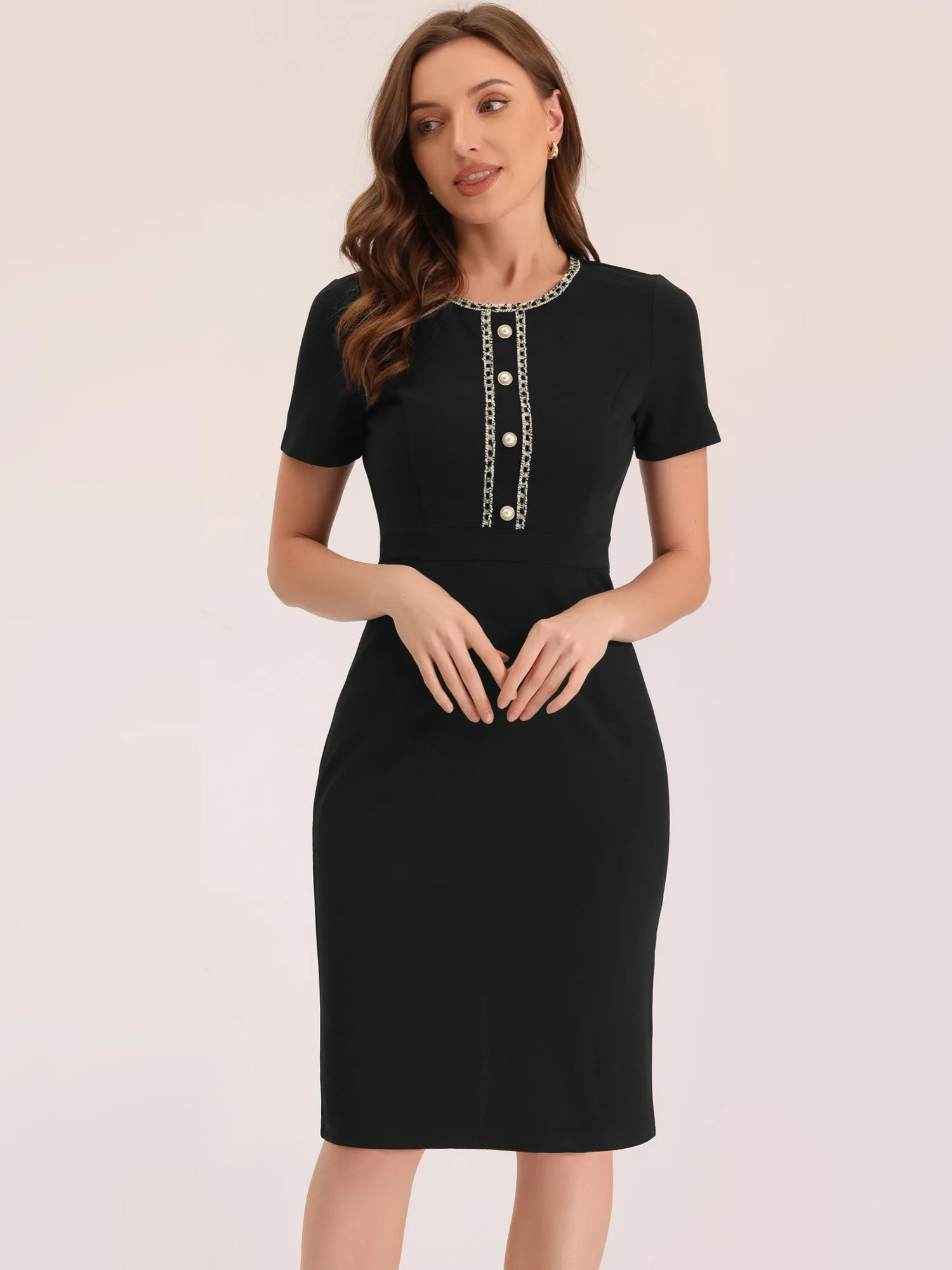 Short Sleeve Button Decor Bodycon Sheath Work Midi Dress sold by Allegra K