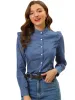 Chambray Stand Collar Ruffled Denim Button Down Shirt sold by Allegra K