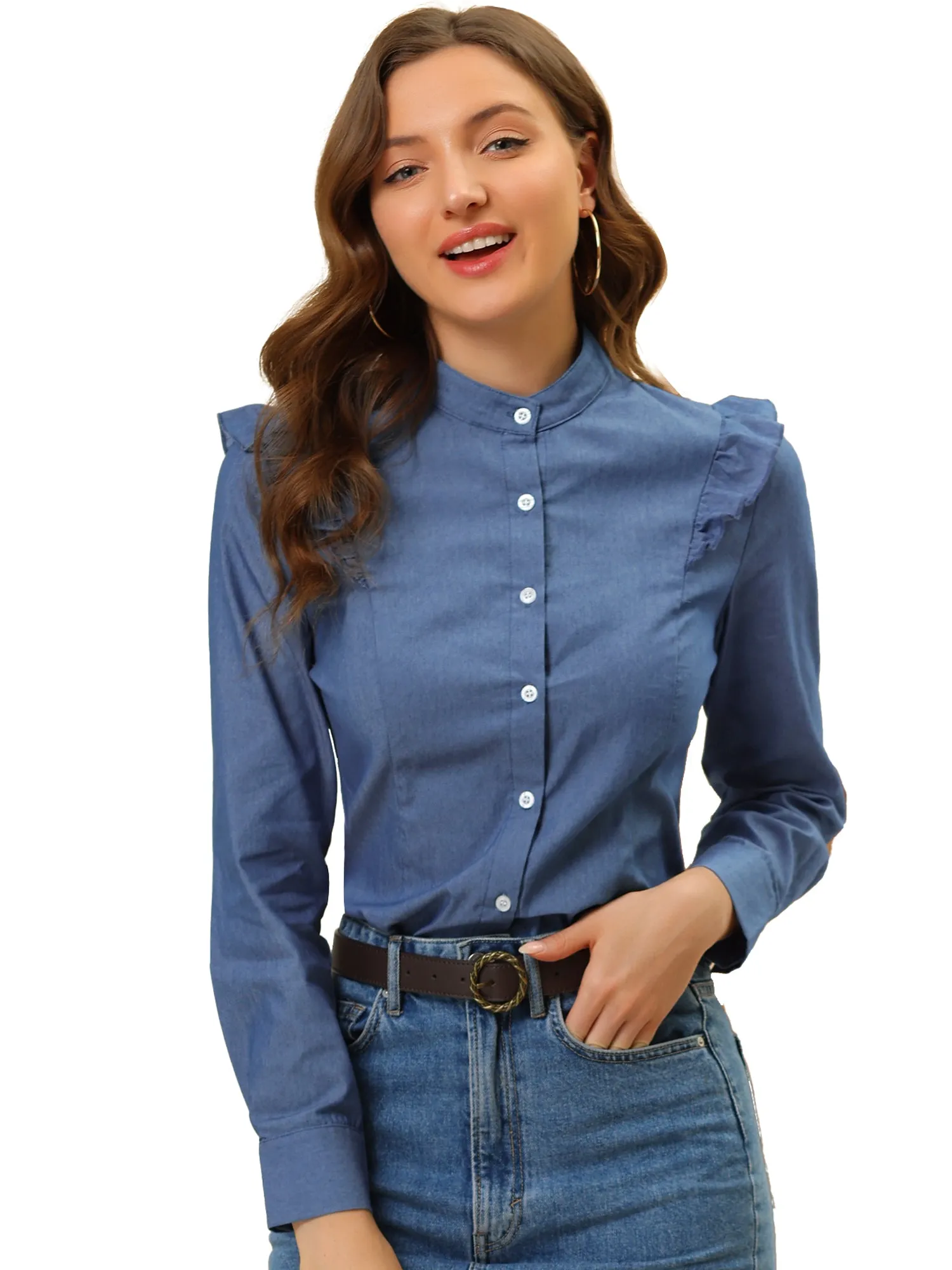 Chambray Stand Collar Ruffled Denim Button Down Shirt sold by Allegra K product image thumbnail 2
