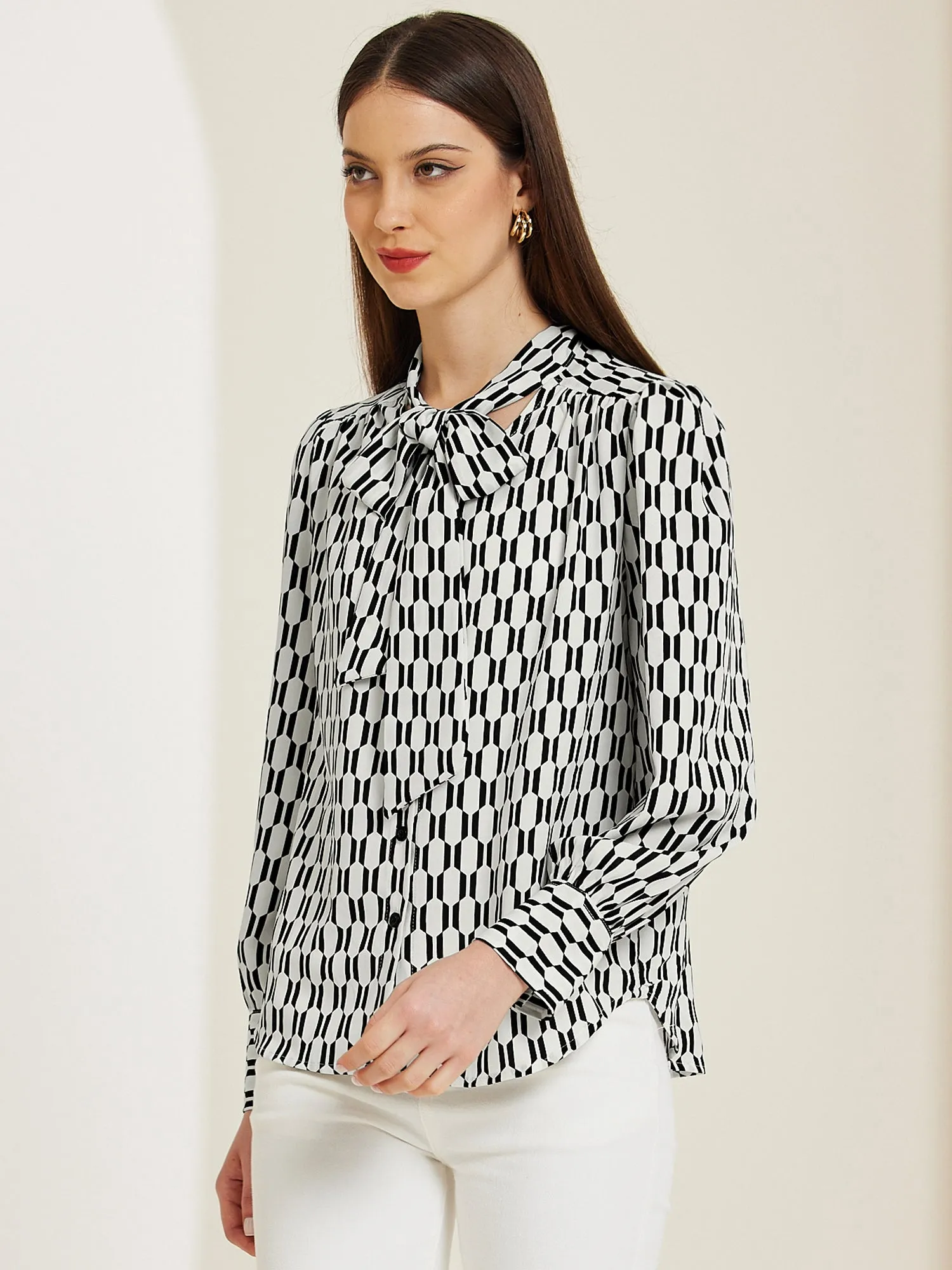 Tie Neck Lantern Long Sleeve Elegant Casual Work Shirts sold by Allegra K