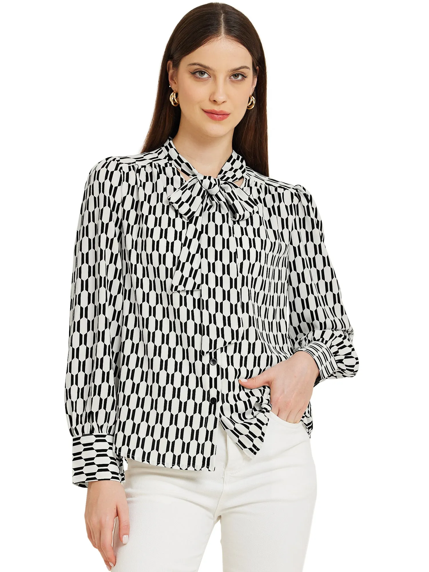 Tie Neck Lantern Long Sleeve Elegant Casual Work Shirts sold by Allegra K product image thumbnail 5