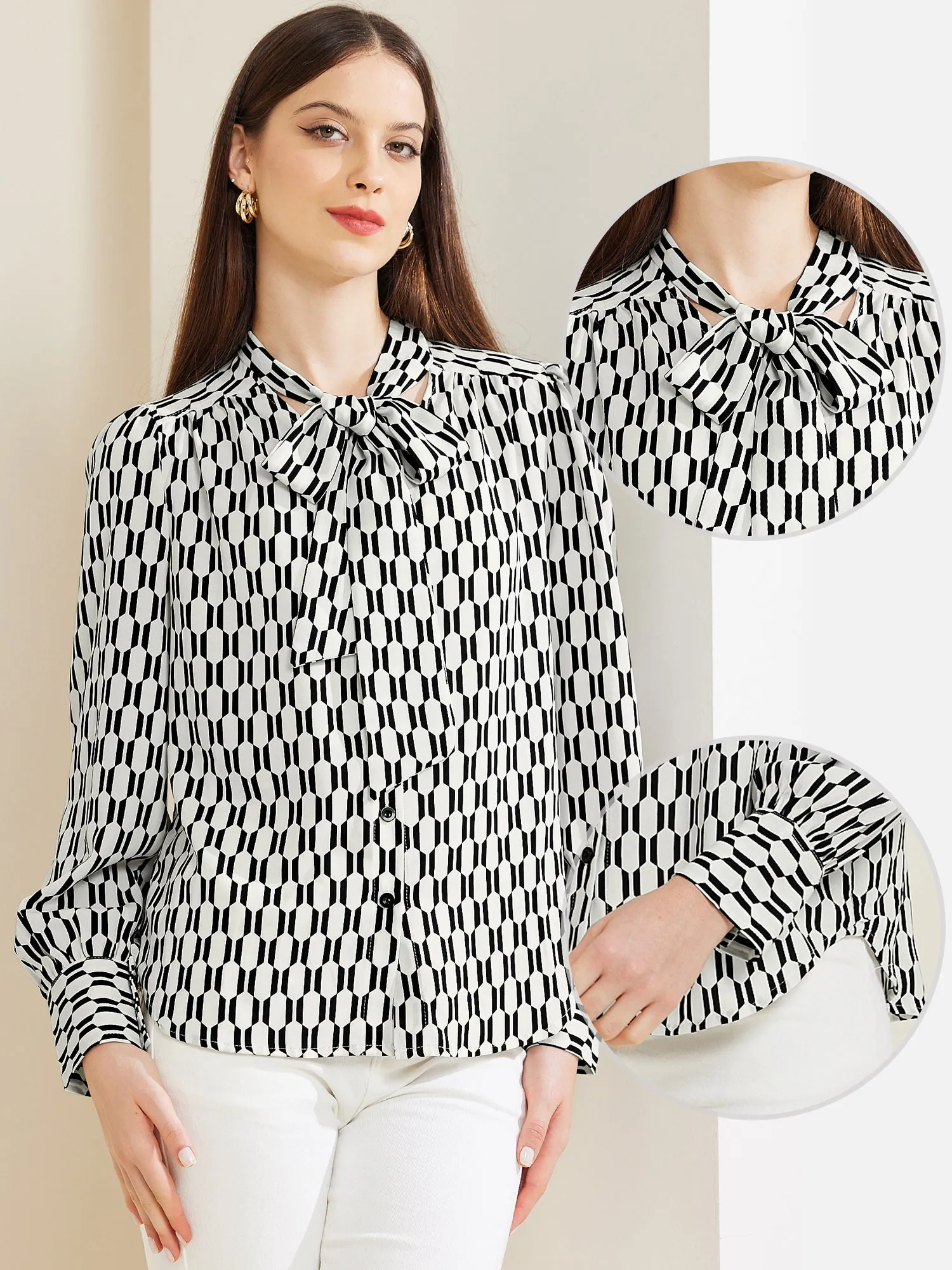 Tie Neck Lantern Long Sleeve Elegant Casual Work Shirts sold by Allegra K product image thumbnail 2