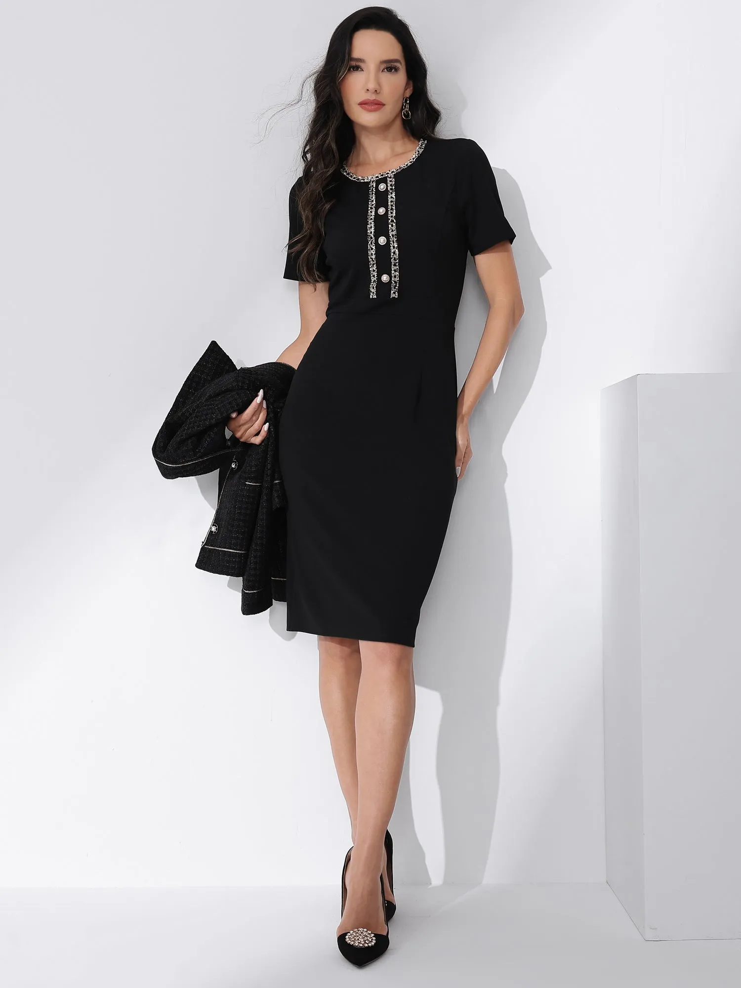 Short Sleeve Button Decor Bodycon Sheath Work Midi Dress sold by Allegra K product image thumbnail 2
