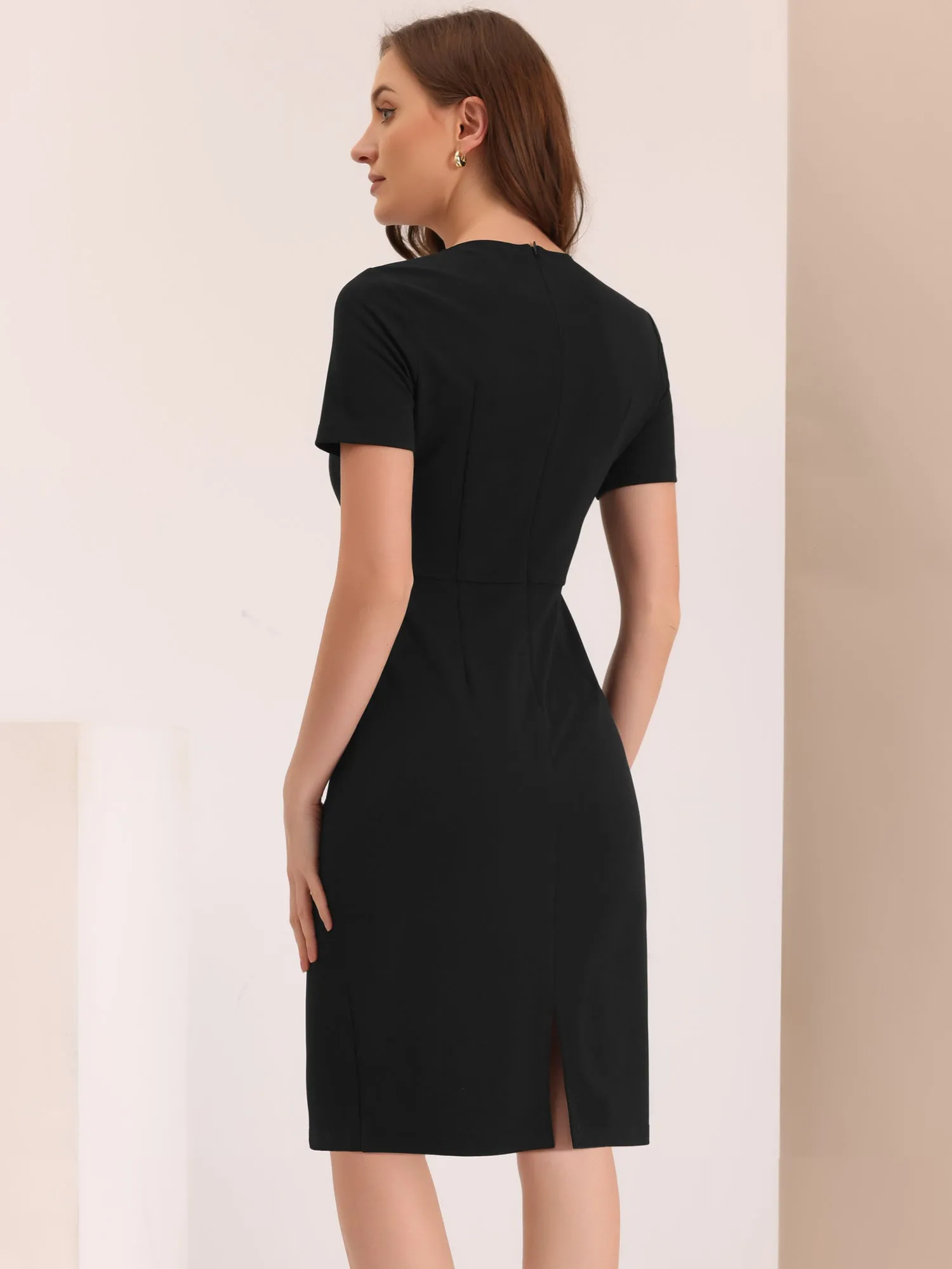 Short Sleeve Button Decor Bodycon Sheath Work Midi Dress sold by Allegra K product image thumbnail 3