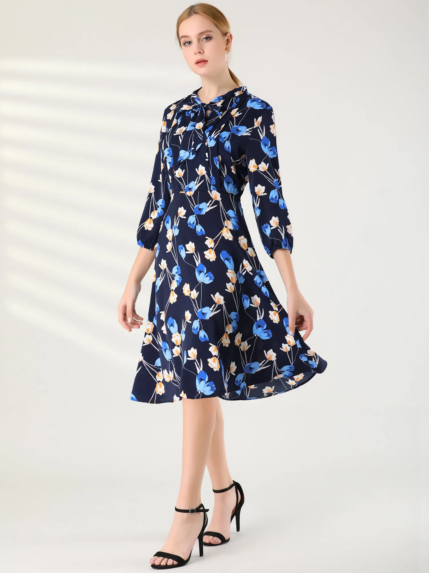 Floral Tie Neck 3/4 Sleeve Office Work Midi Flowy Flare Dress sold by Allegra K product image thumbnail 2
