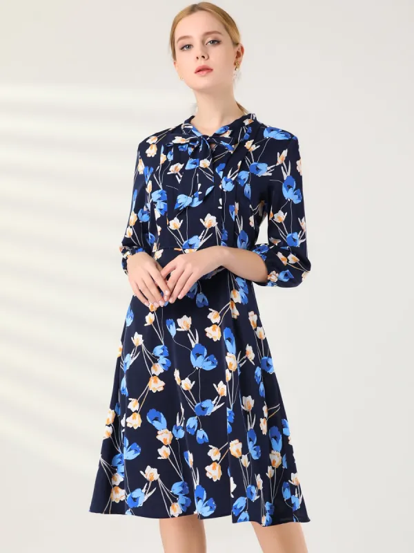 Floral Tie Neck 3/4 Sleeve Office Work Midi Flowy Flare Dress sold by Allegra K